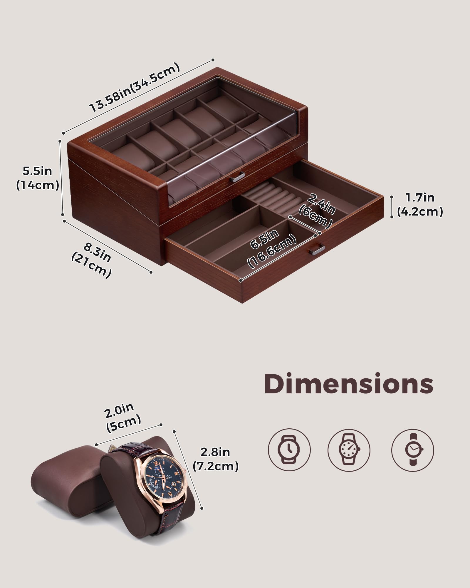 Multi-Function Wooden Watch Box with L-Shaped Clear Window & Drawer