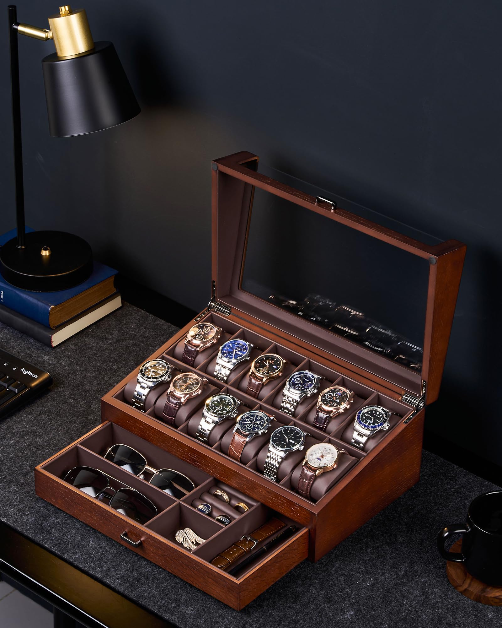 Multi-Function Wooden Watch Box with L-Shaped Clear Window & Drawer