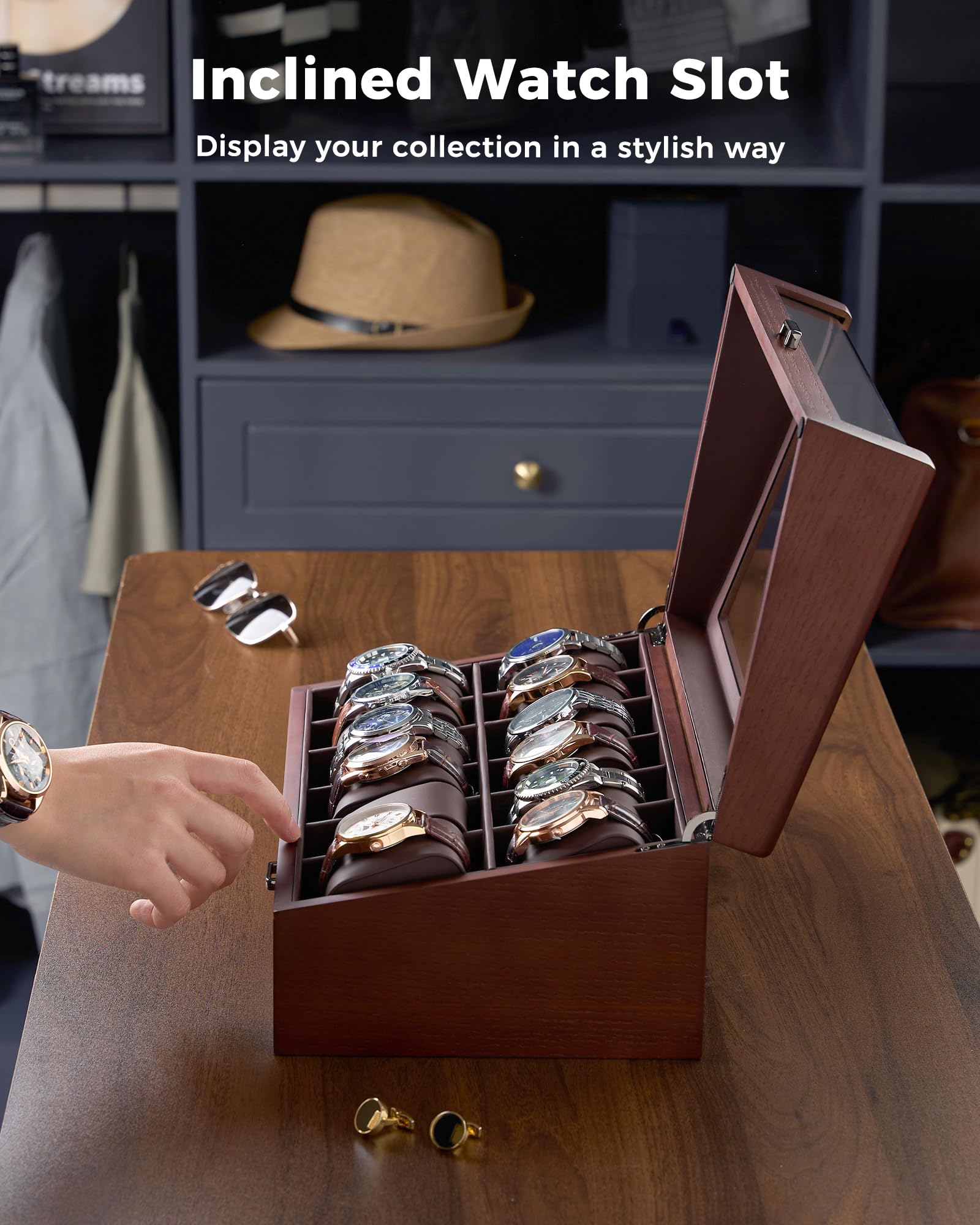 Multi-Function Wooden Watch Box with L-Shaped Clear Window & Drawer