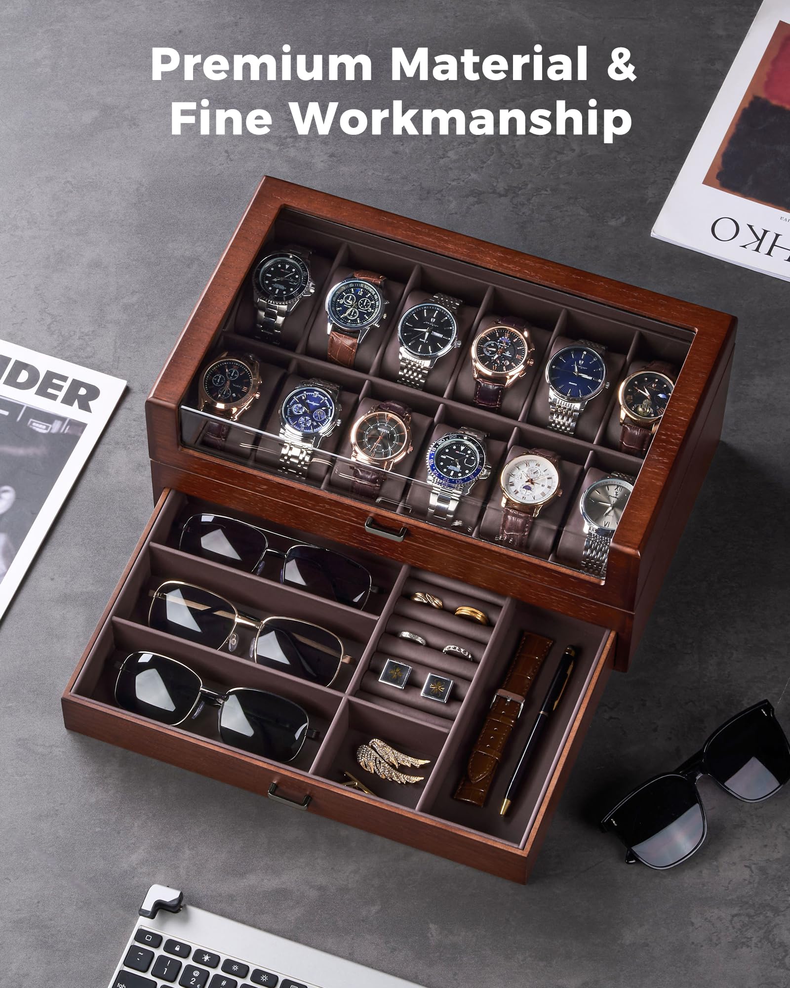 Multi-Function Wooden Watch Box with L-Shaped Clear Window & Drawer