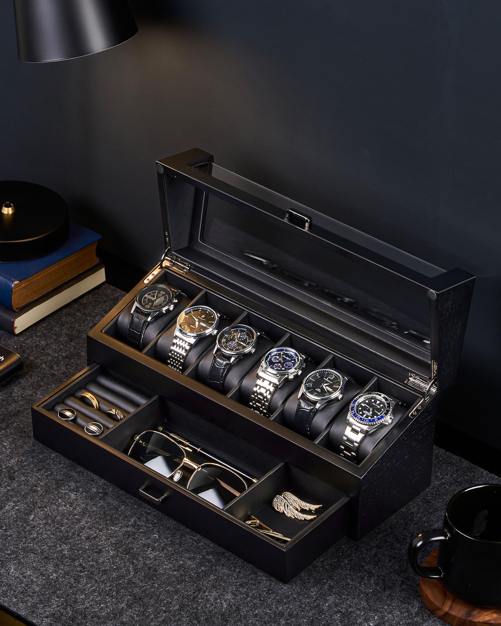 Multi-Function Wooden Watch Box with L-Shaped Clear Window & Drawer