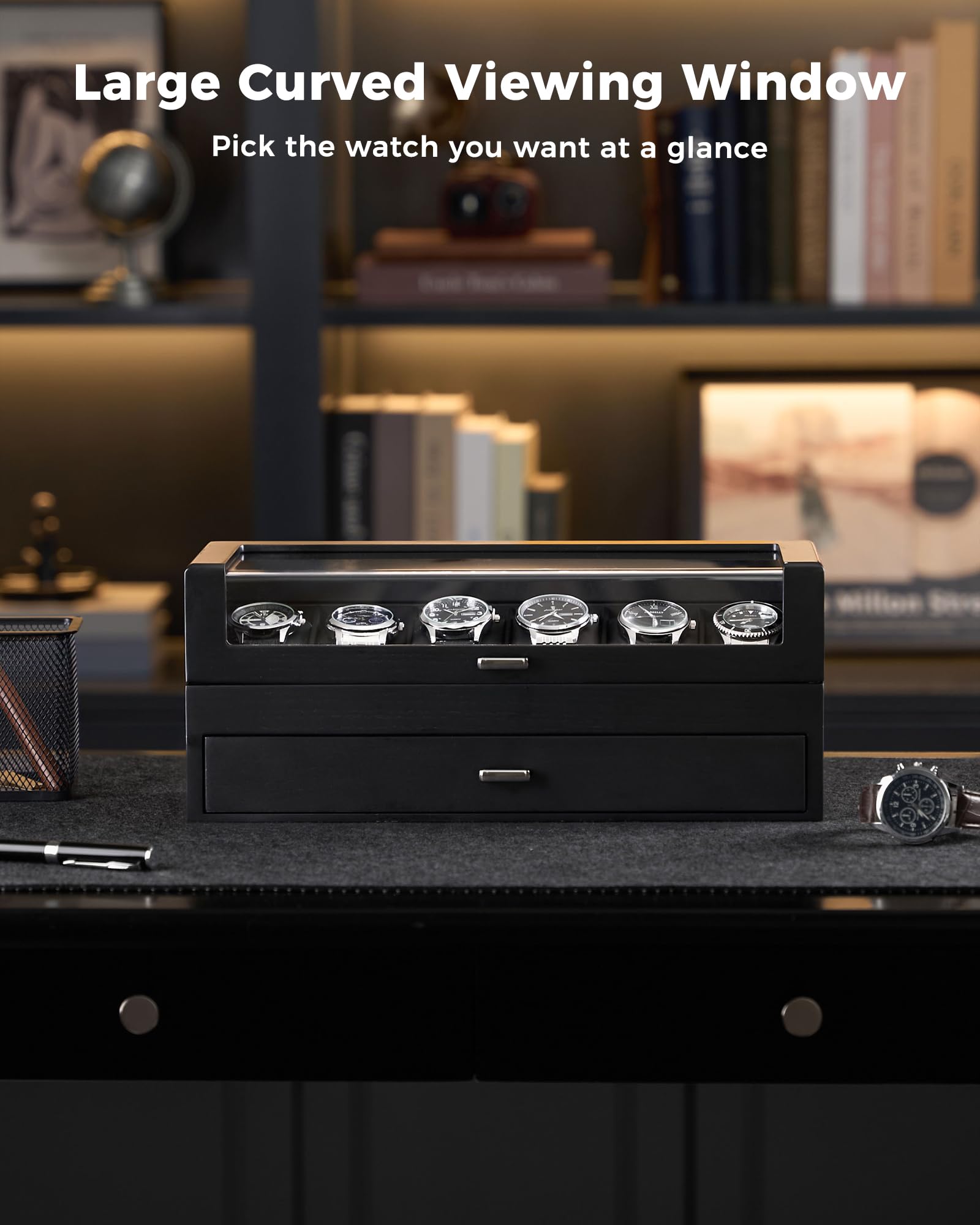 Multi-Function Wooden Watch Box with L-Shaped Clear Window & Drawer