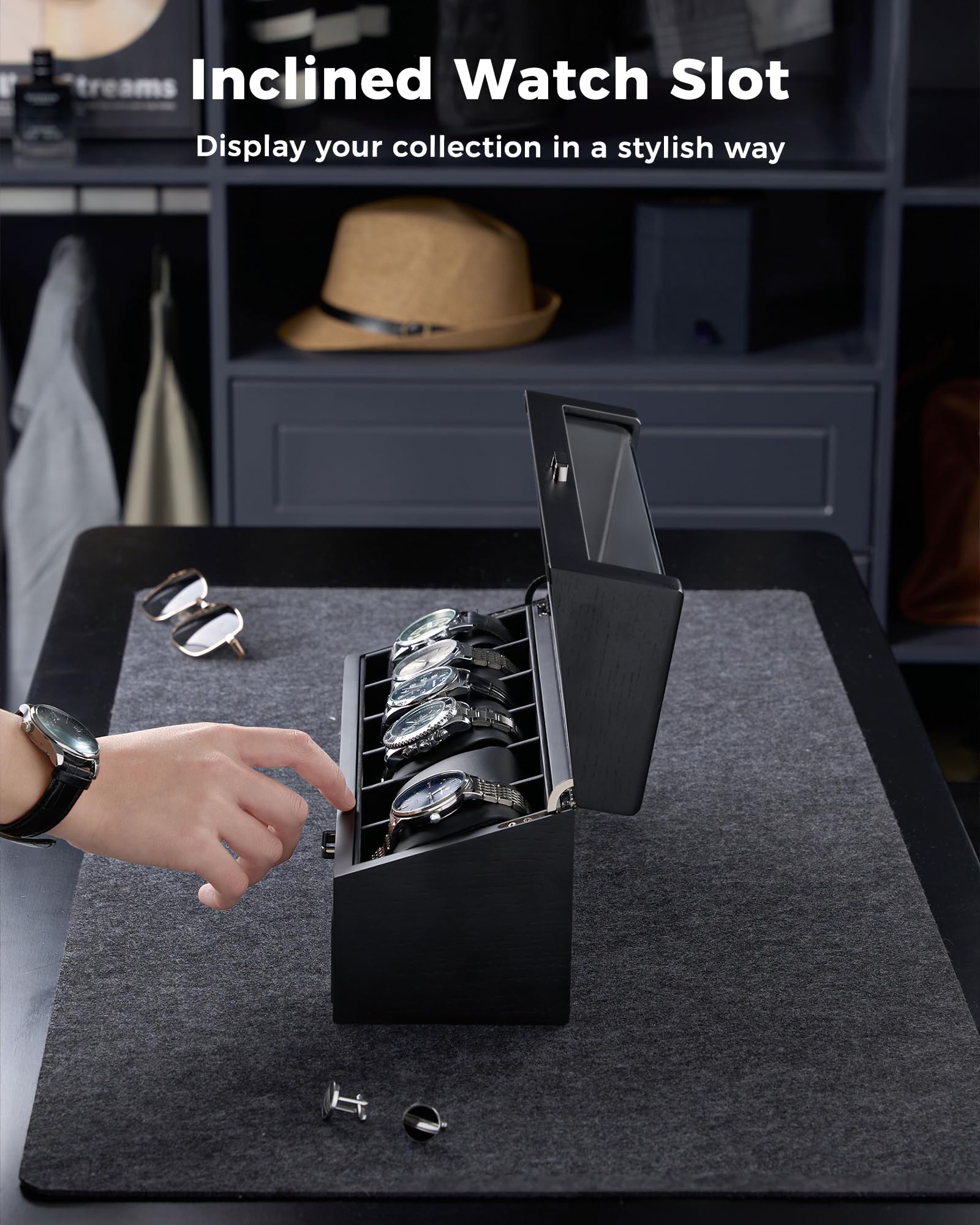 Multi-Function Wooden Watch Box with L-Shaped Clear Window & Drawer