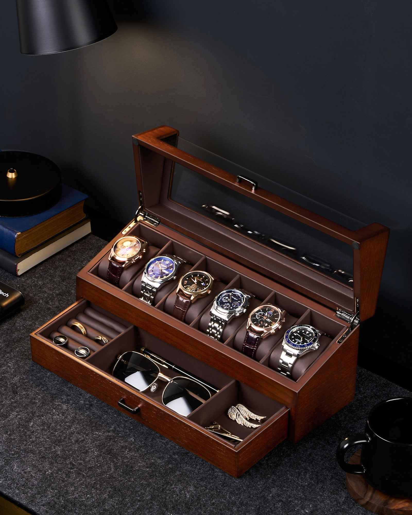 Multi-Function Wooden Watch Box with L-Shaped Clear Window & Drawer