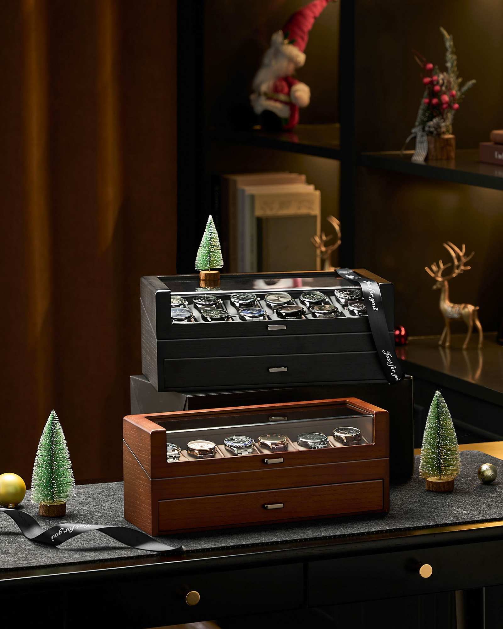 Multi-Function Wooden Watch Box with L-Shaped Clear Window & Drawer