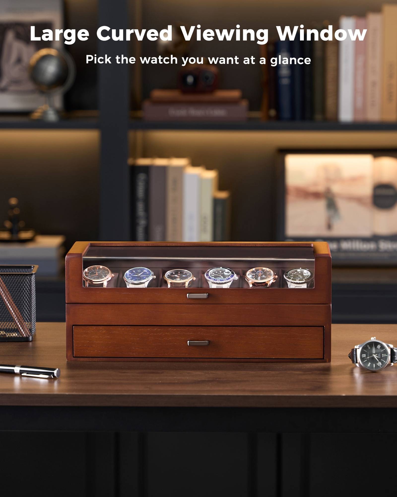 Multi-Function Wooden Watch Box with L-Shaped Clear Window & Drawer