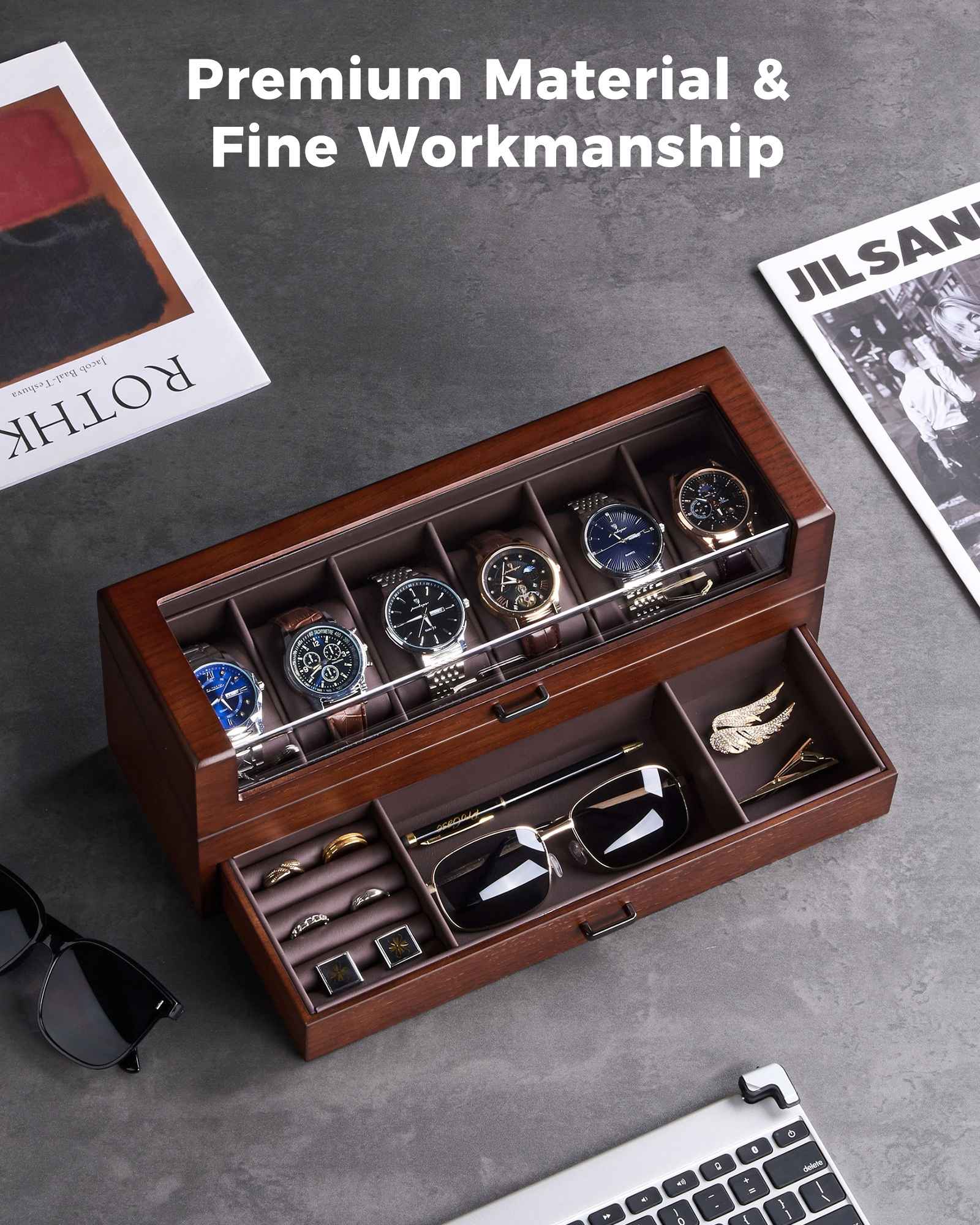 Multi-Function Wooden Watch Box with L-Shaped Clear Window & Drawer