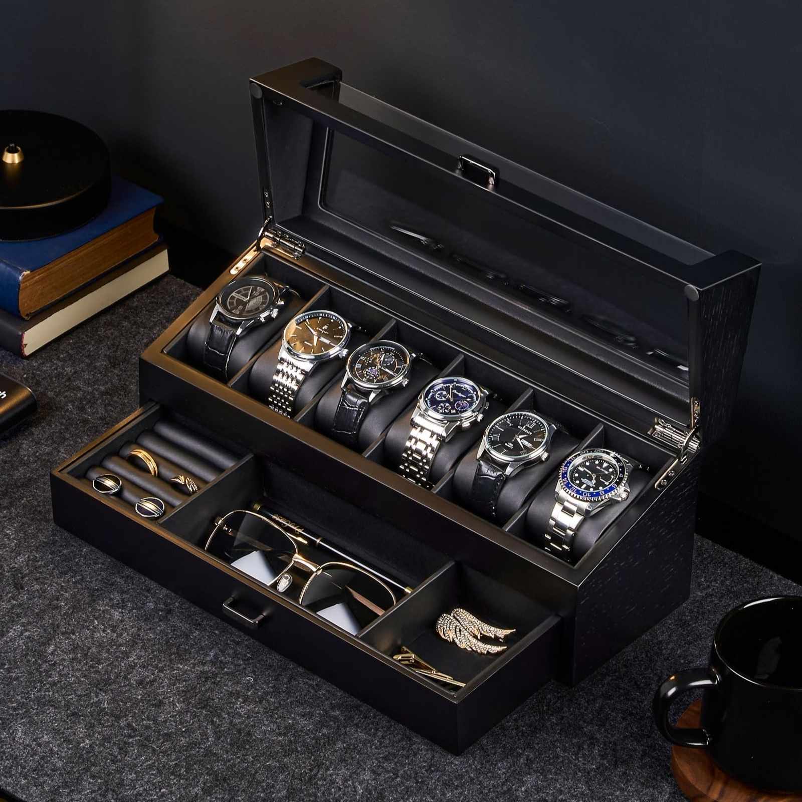 Multi-Function Wooden Watch Box with L-Shaped Clear Window & Drawer
