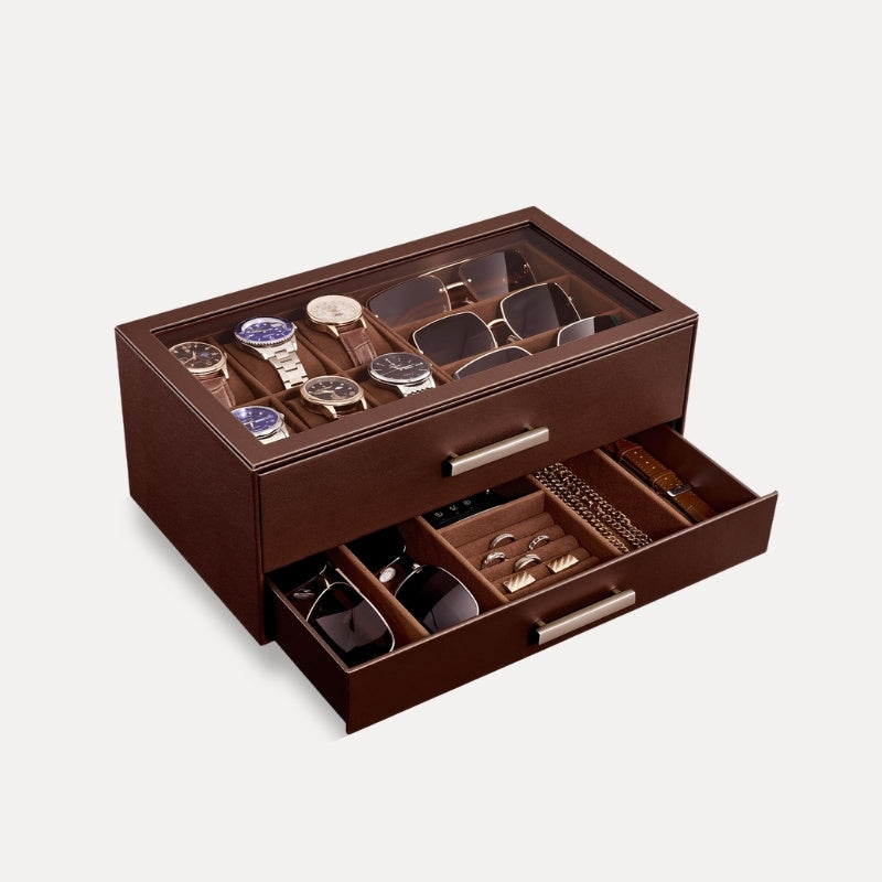 2-Tier Premium Watch and Sunglasses Organizer Box with Glass Display Top