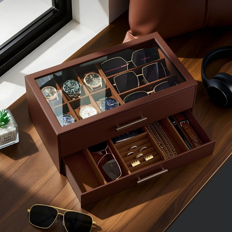 2-Tier Premium Watch and Sunglasses Organizer Box with Glass Display Top