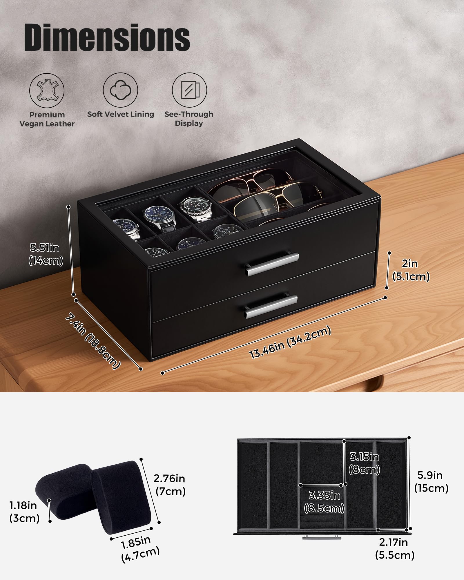 2-Tier Premium Watch and Sunglasses Organizer Box with Glass Display Top