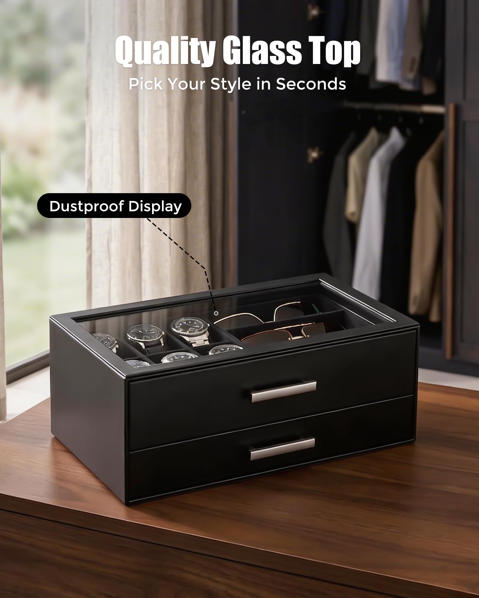 2-Tier Premium Watch and Sunglasses Organizer Box with Glass Display Top