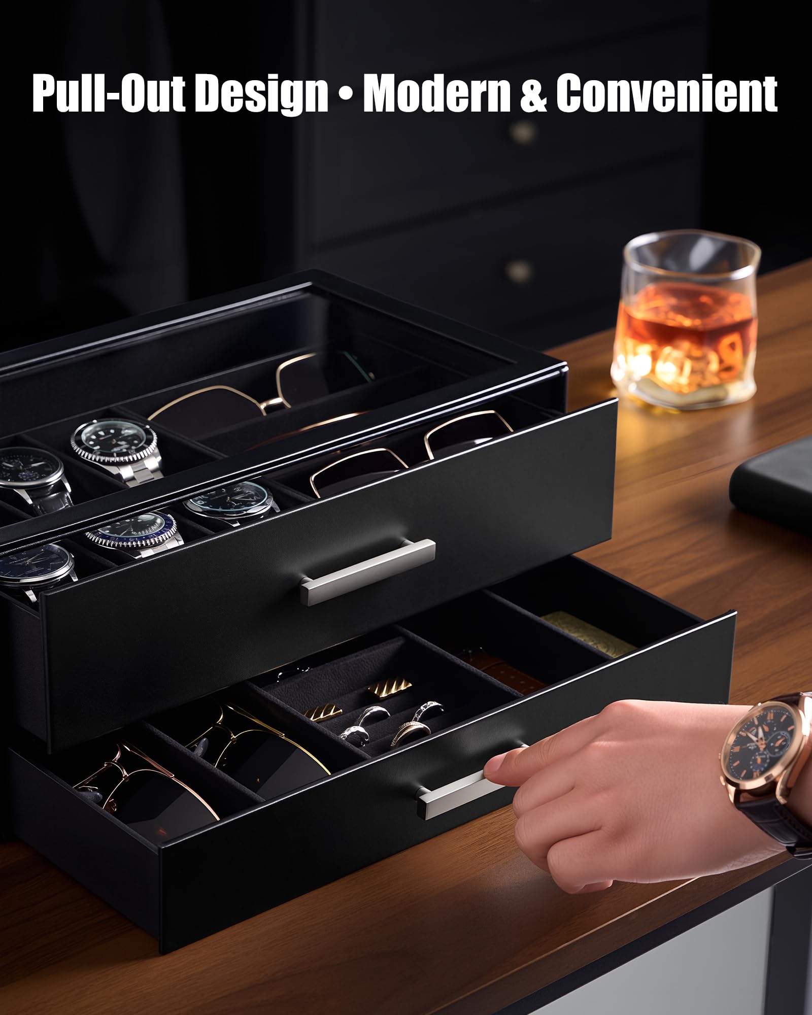 2-Tier Premium Watch and Sunglasses Organizer Box with Glass Display Top