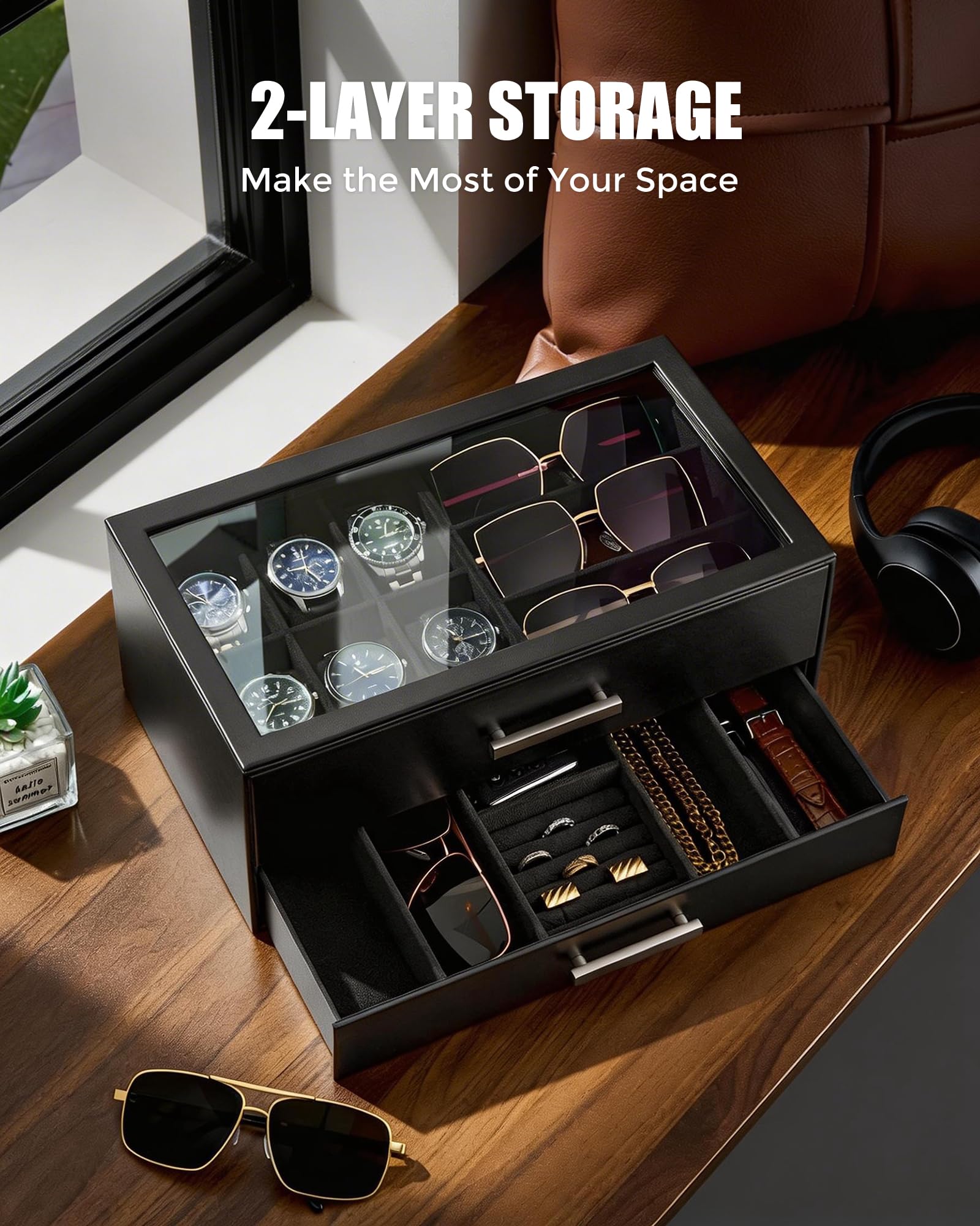 2-Tier Premium Watch and Sunglasses Organizer Box with Glass Display Top