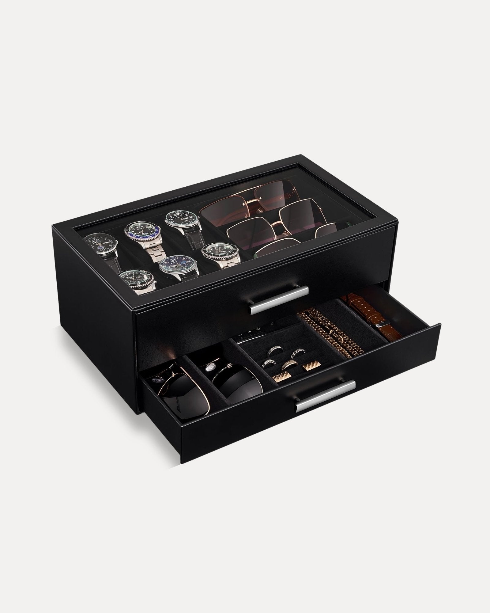 2-Tier Premium Watch and Sunglasses Organizer Box with Glass Display Top