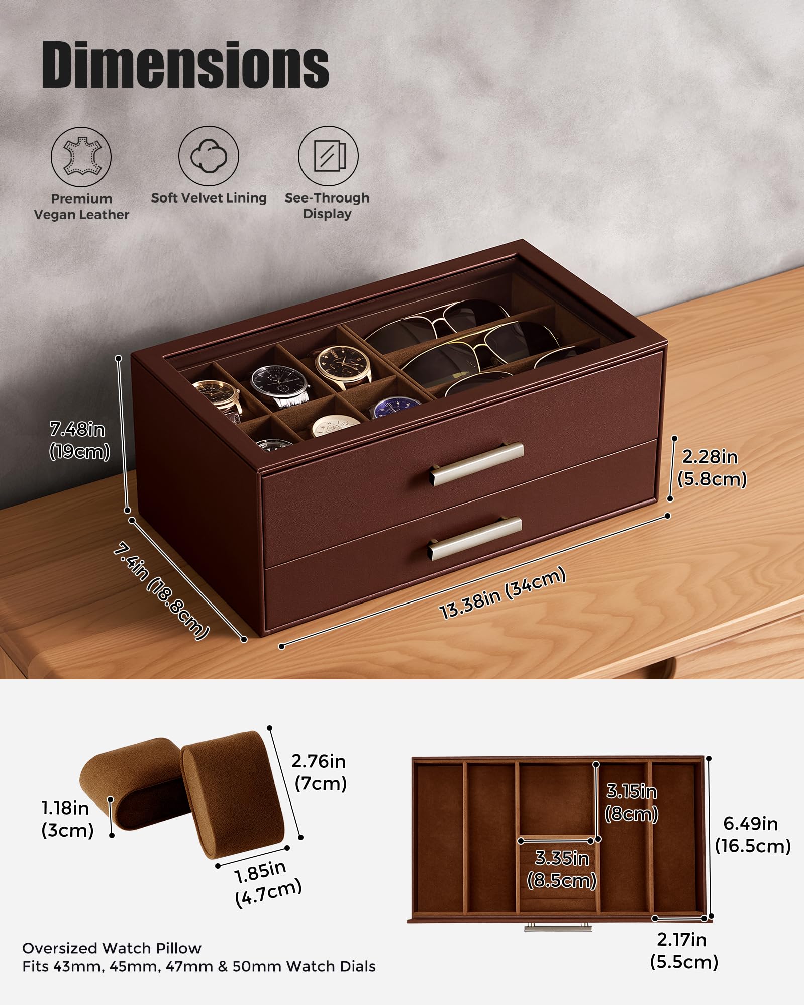 2-Tier Premium Watch and Sunglasses Organizer Box with Glass Display Top