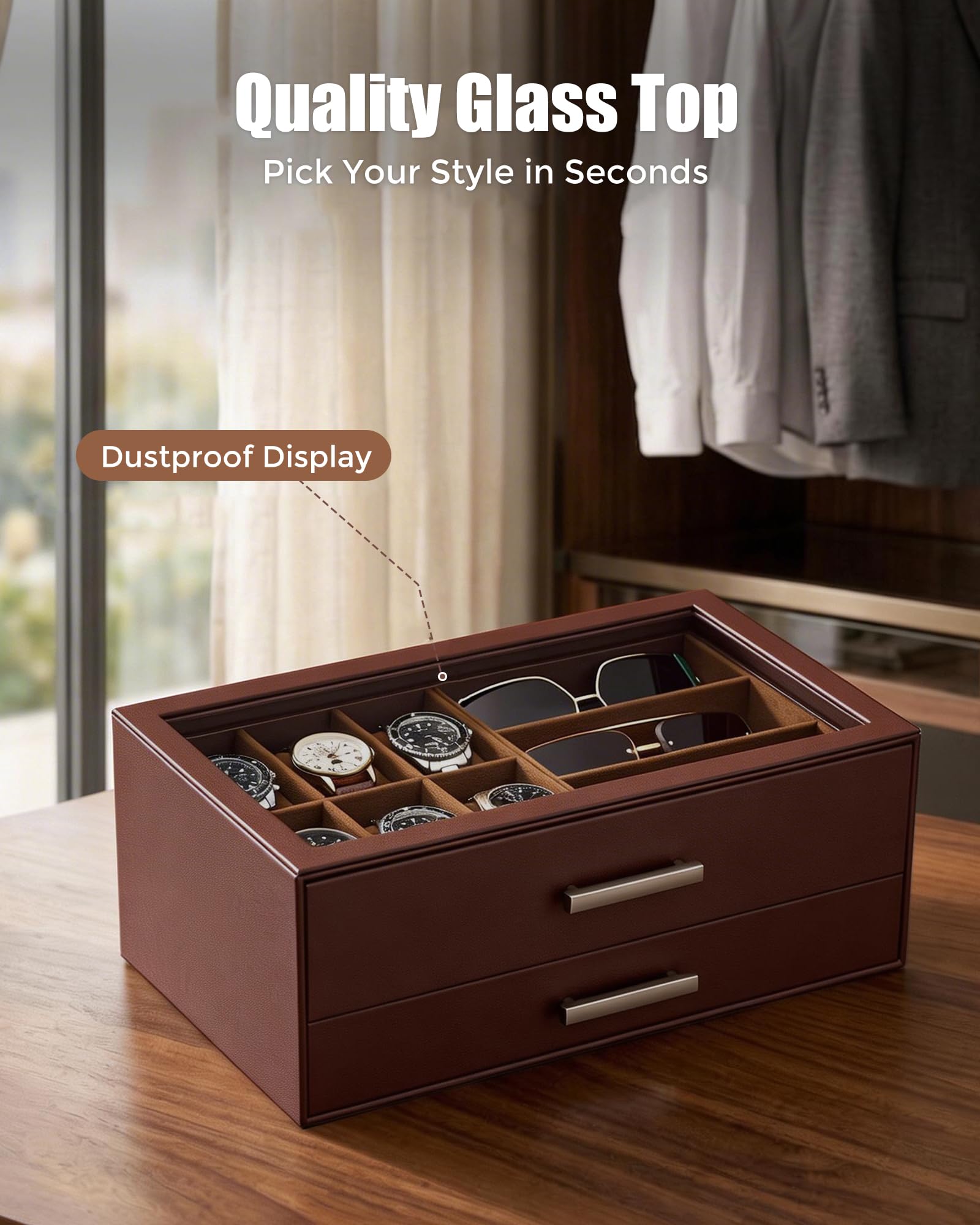 2-Tier Premium Watch and Sunglasses Organizer Box with Glass Display Top