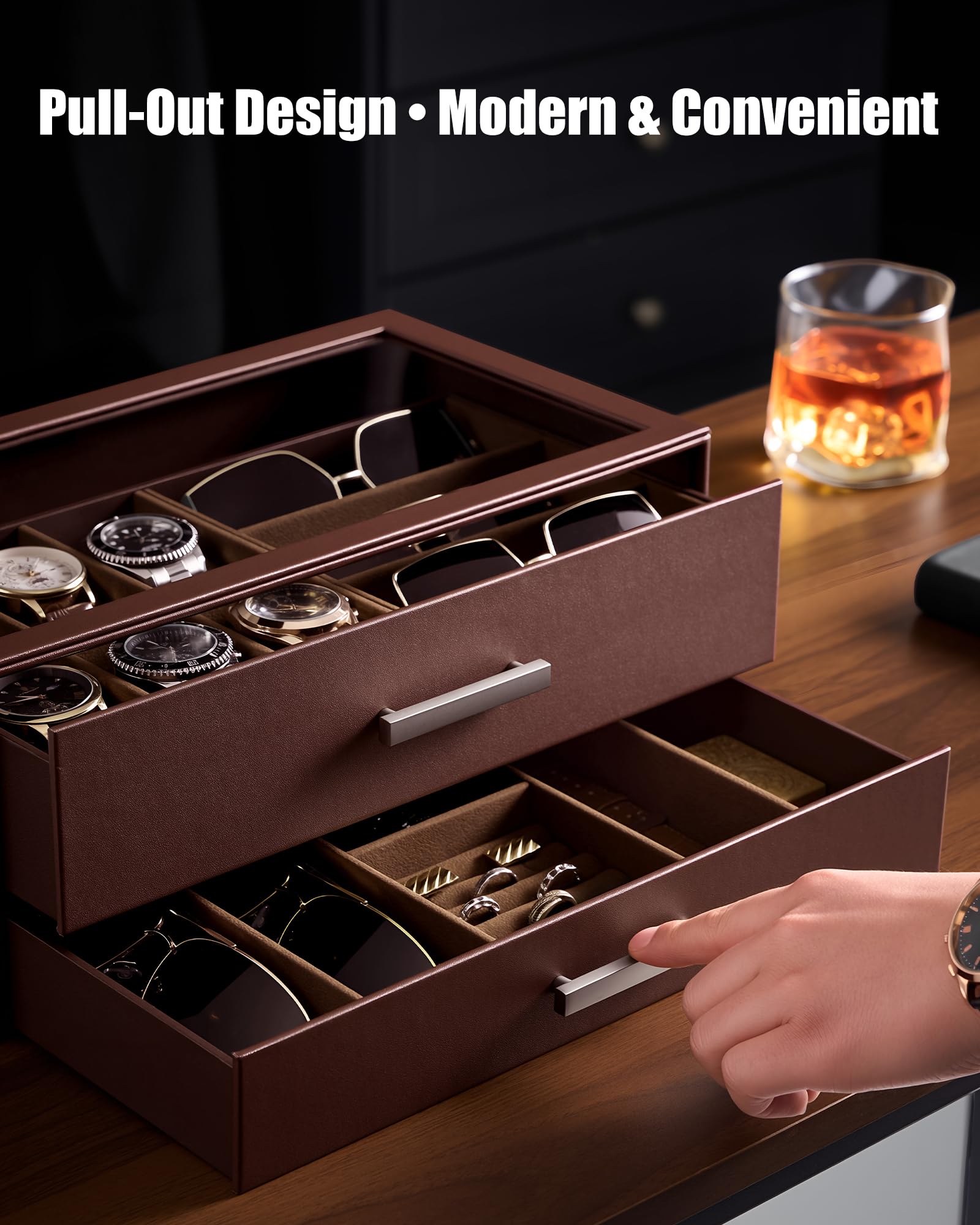 2-Tier Premium Watch and Sunglasses Organizer Box with Glass Display Top