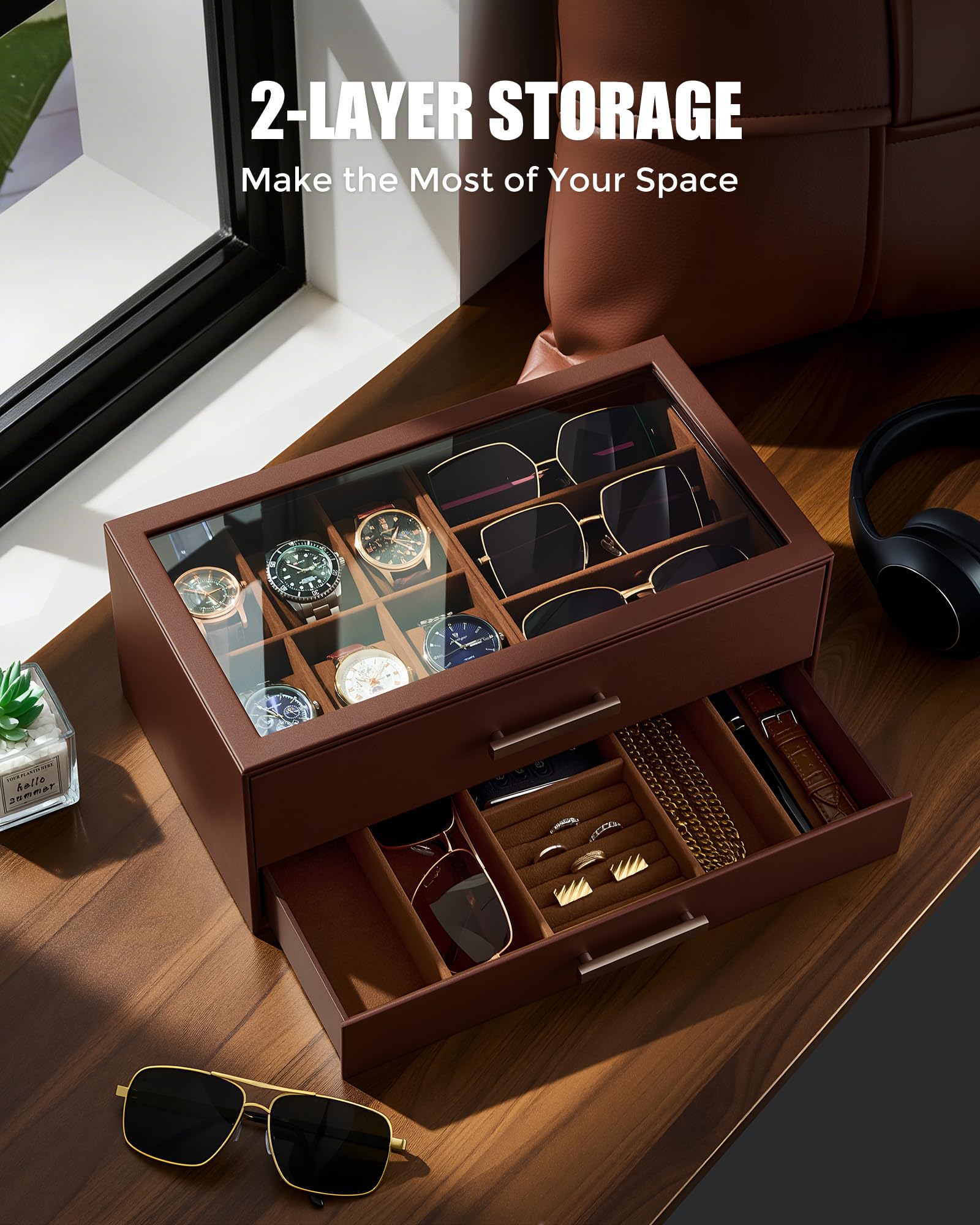 2-Tier Premium Watch and Sunglasses Organizer Box with Glass Display Top