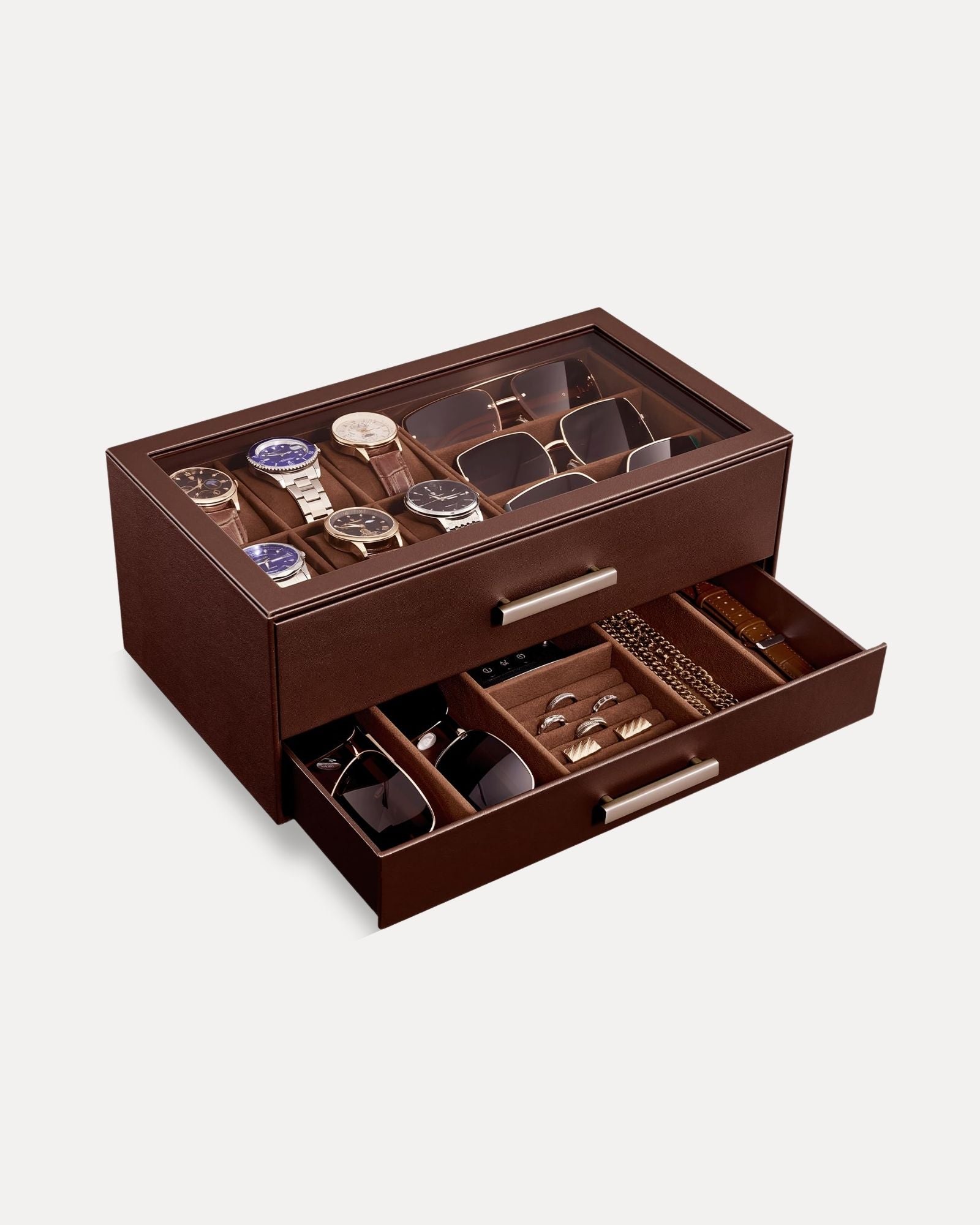 2-Tier Premium Watch and Sunglasses Organizer Box with Glass Display Top
