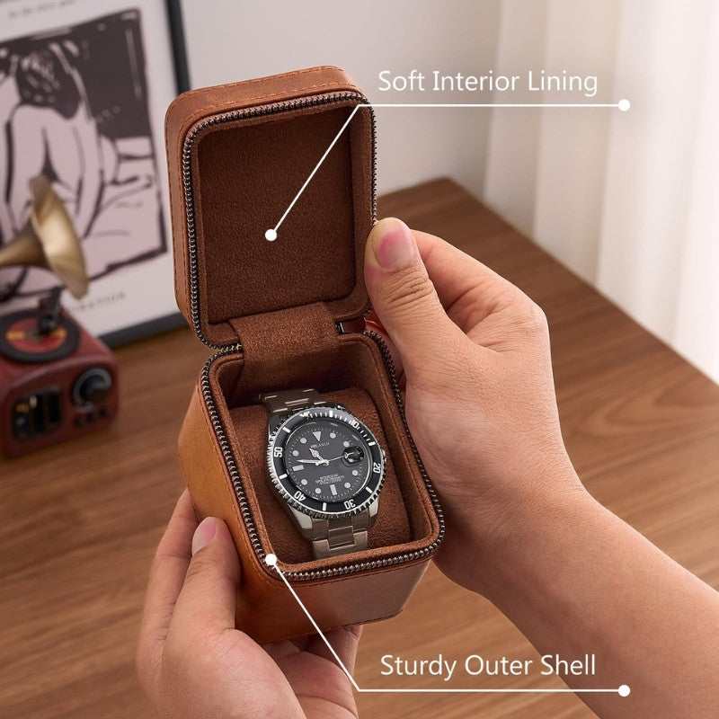 Portable watch travel case open with padded watch cushions