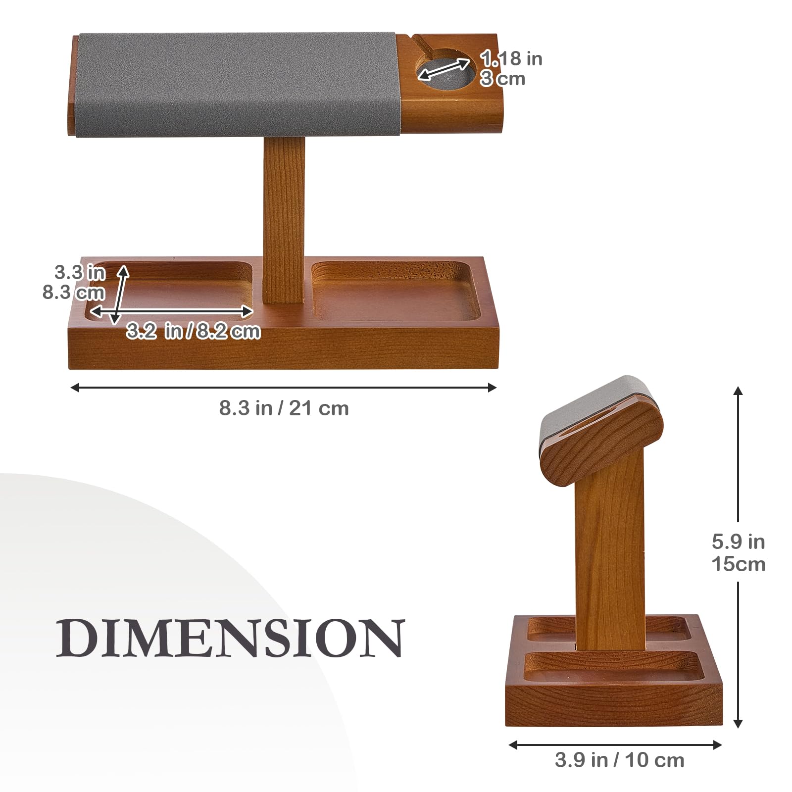 Wooden T-Bar Watch Display Stand with Apple Watch Charger Slot