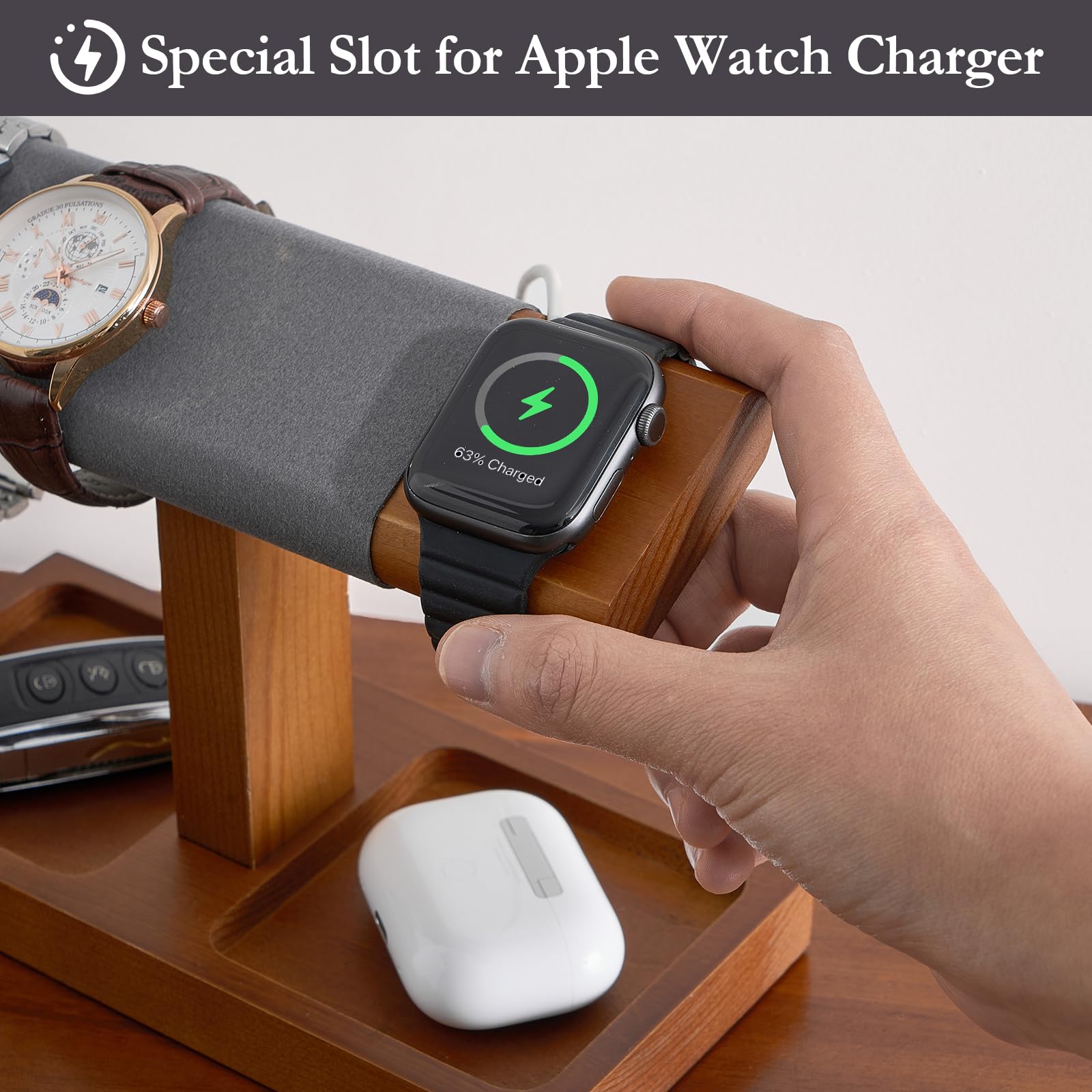 Wooden T-Bar Watch Display Stand with Apple Watch Charger Slot