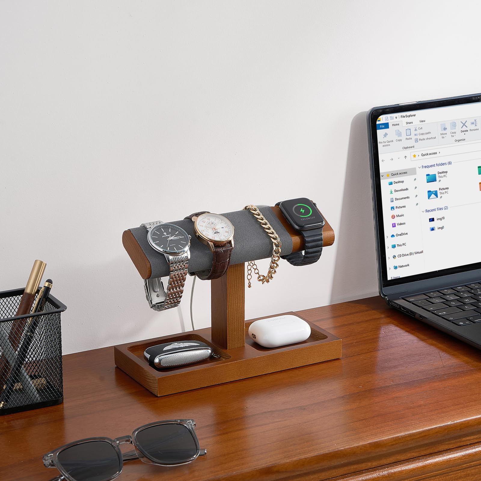 Wooden T-Bar Watch Display Stand with Apple Watch Charger Slot