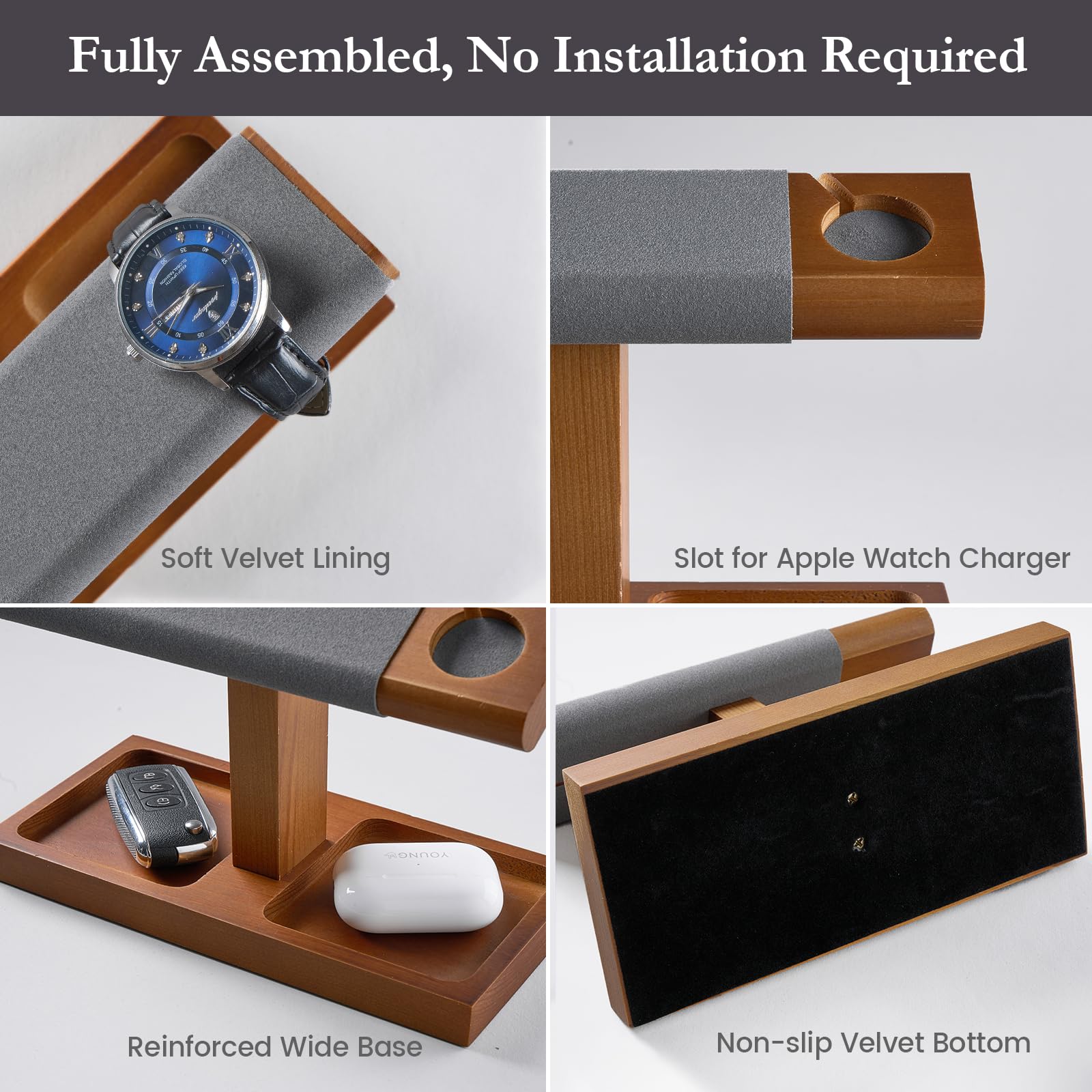 Wooden T-Bar Watch Display Stand with Apple Watch Charger Slot