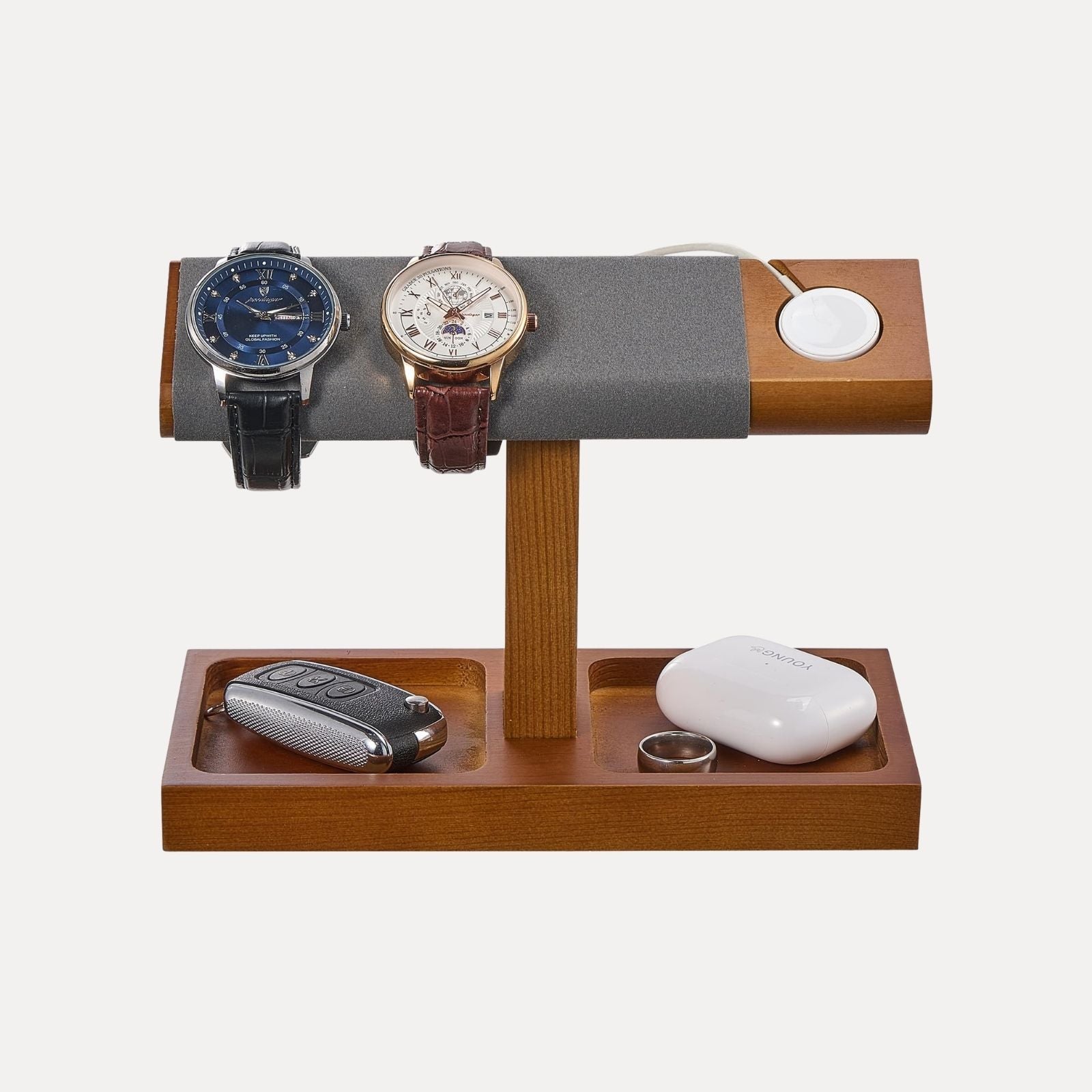 Wooden T-Bar Watch Display Stand with Apple Watch Charger Slot