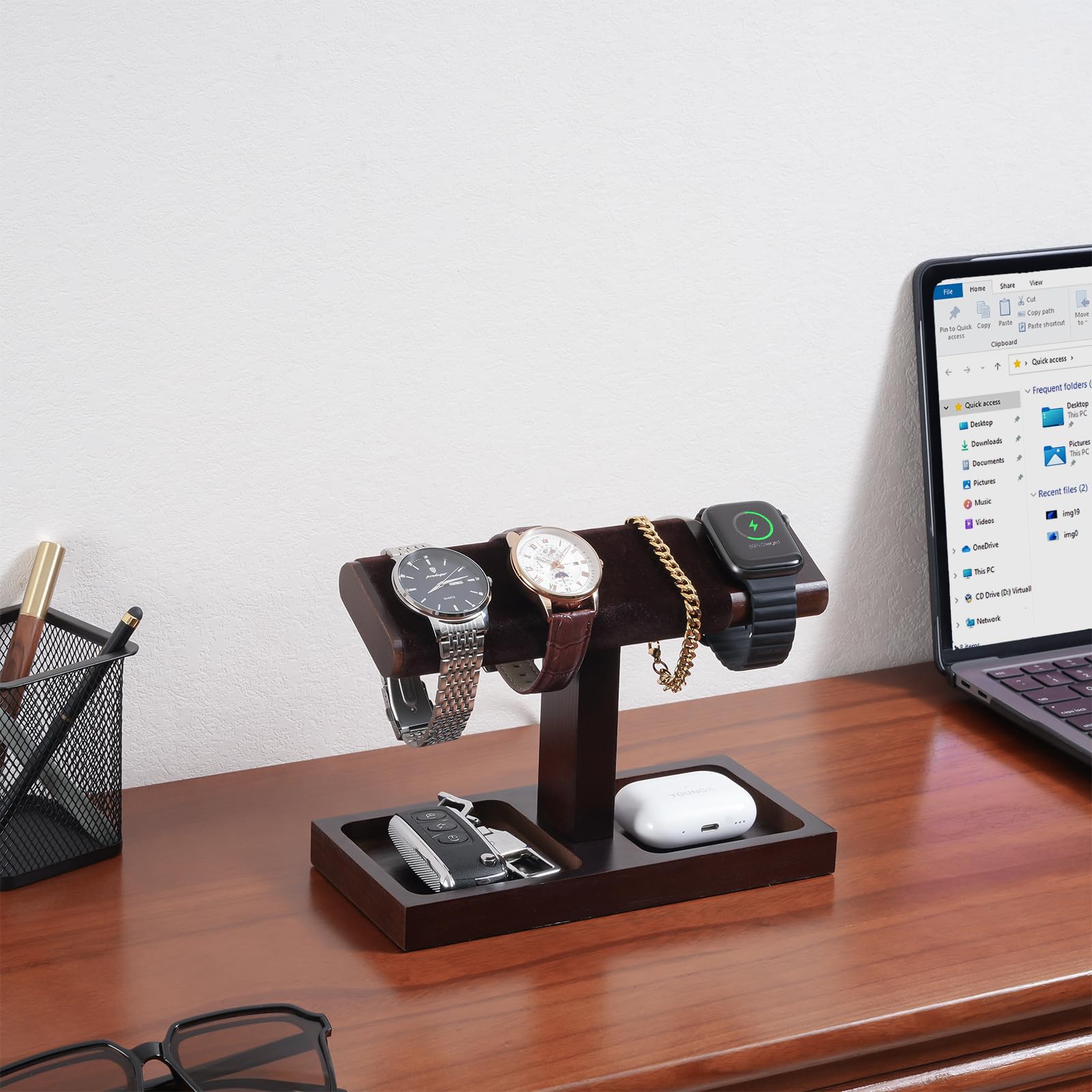 Wooden T-Bar Watch Display Stand with Apple Watch Charger Slot