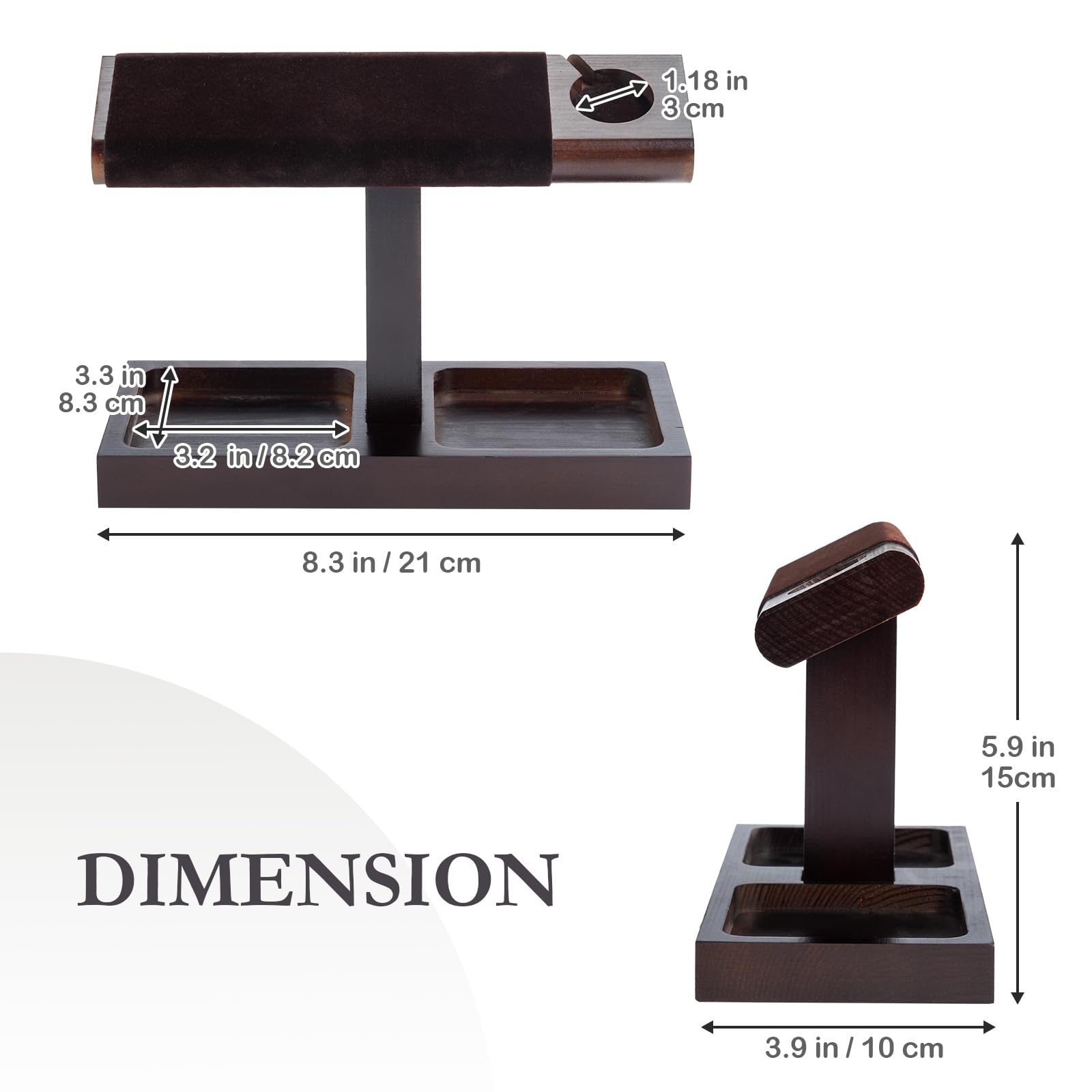 Wooden T-Bar Watch Display Stand with Apple Watch Charger Slot