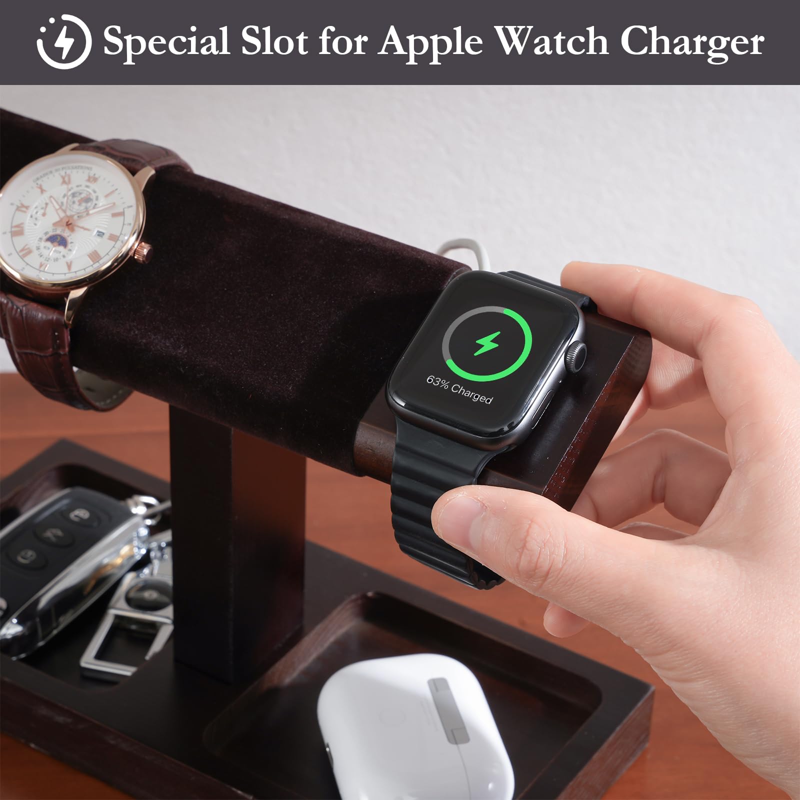 Wooden T-Bar Watch Display Stand with Apple Watch Charger Slot
