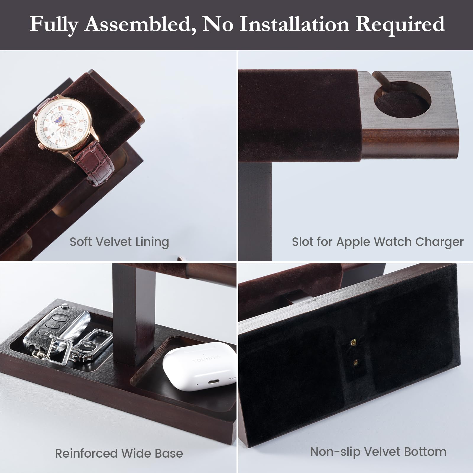 Wooden T-Bar Watch Display Stand with Apple Watch Charger Slot