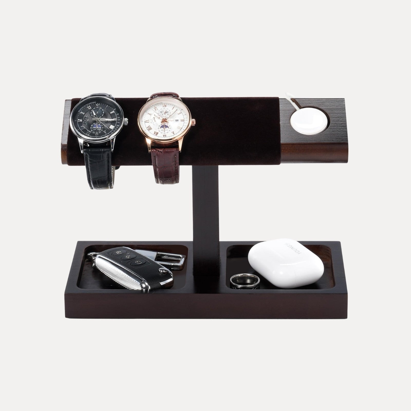 Wooden T-Bar Watch Display Stand with Apple Watch Charger Slot