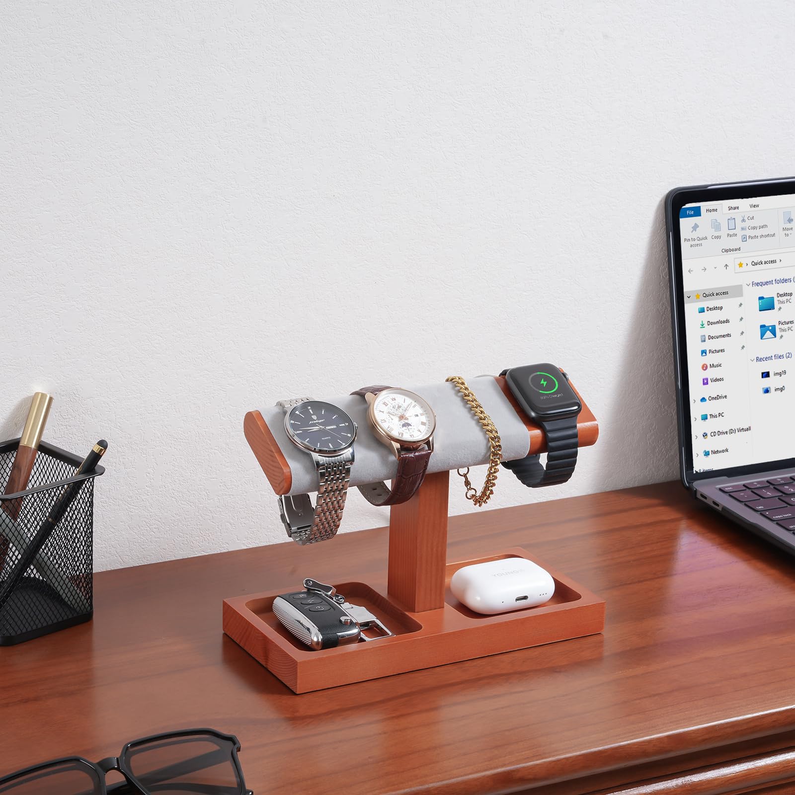 Wooden T-Bar Watch Display Stand with Apple Watch Charger Slot
