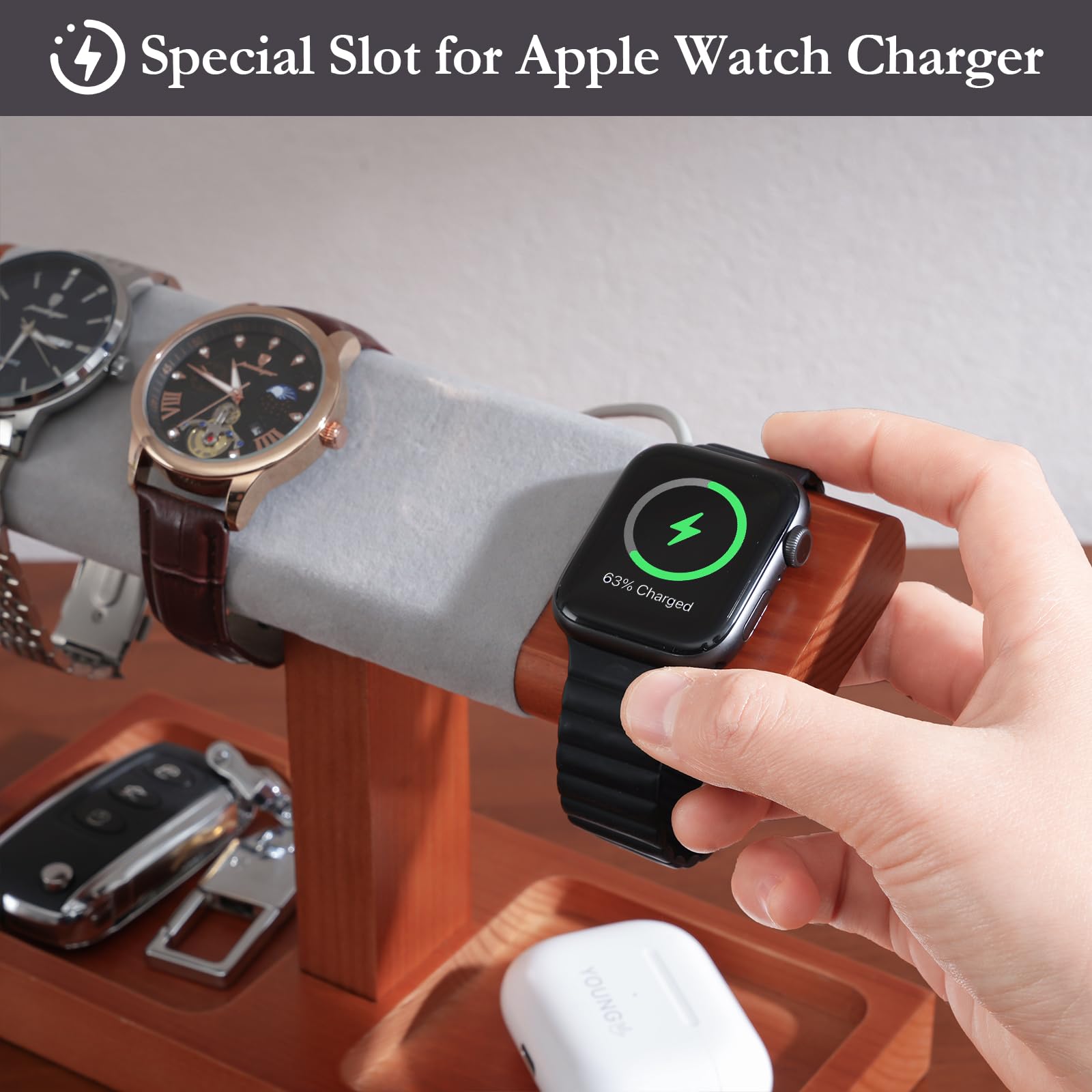 Wooden T-Bar Watch Display Stand with Apple Watch Charger Slot