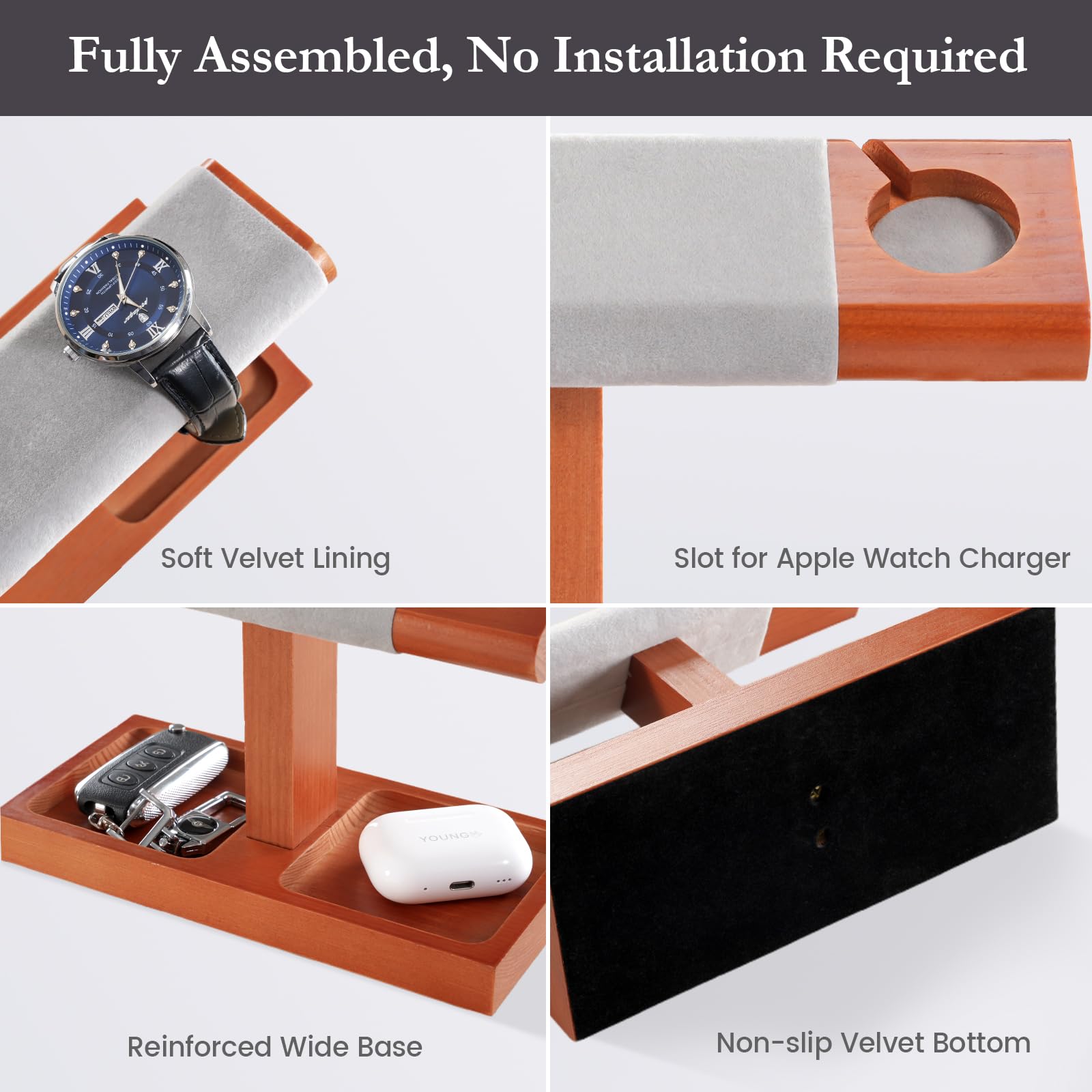 Wooden T-Bar Watch Display Stand with Apple Watch Charger Slot