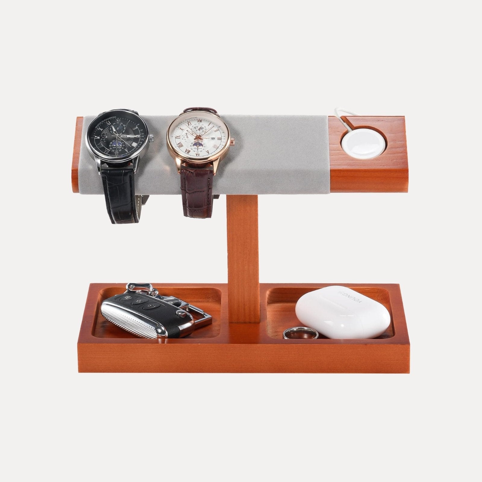 Wooden T-Bar Watch Display Stand with Apple Watch Charger Slot