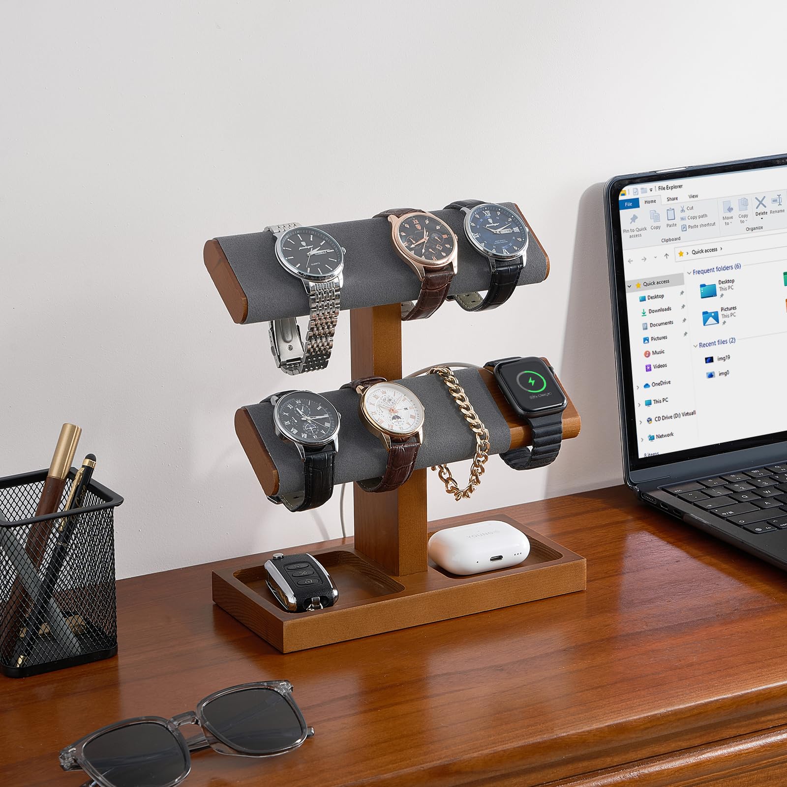 Wooden T-Bar Watch Display Stand with Apple Watch Charger Slot