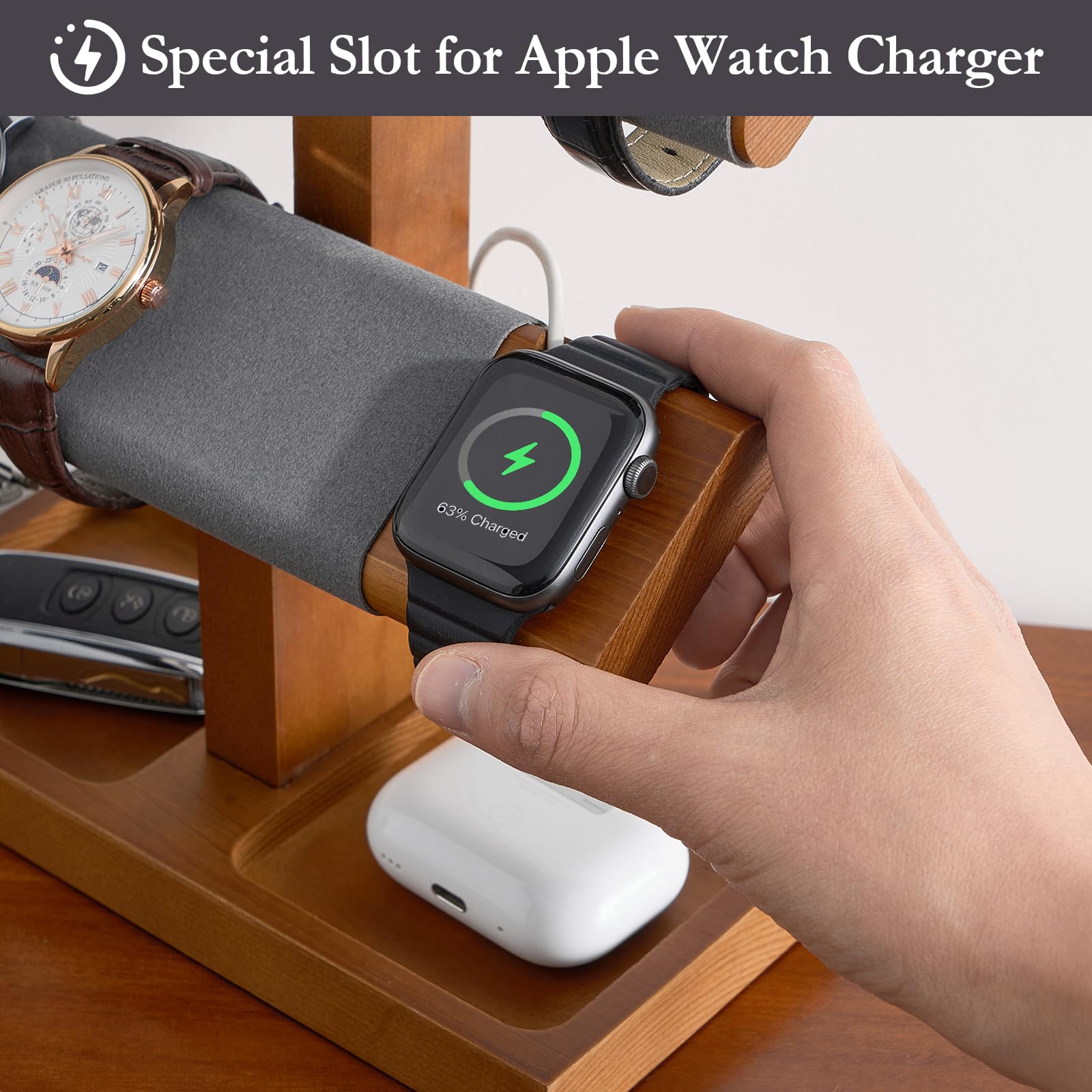 Wooden T-Bar Watch Display Stand with Apple Watch Charger Slot