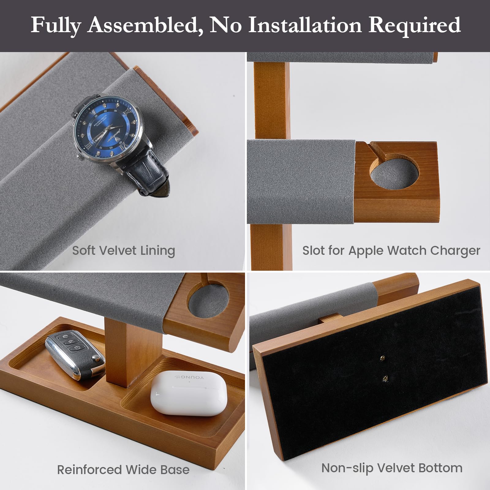 Wooden T-Bar Watch Display Stand with Apple Watch Charger Slot