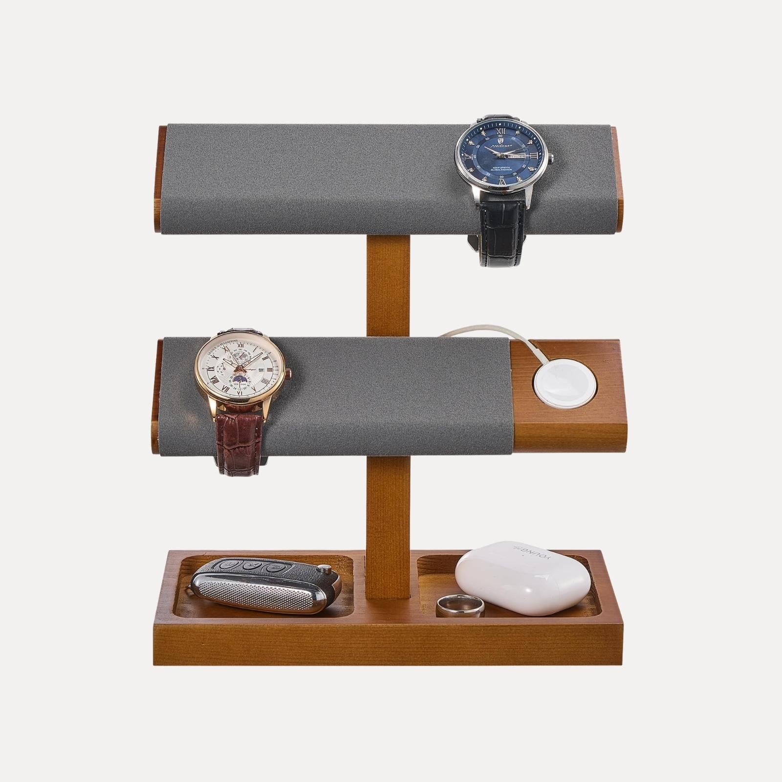 Wooden T-Bar Watch Display Stand with Apple Watch Charger Slot