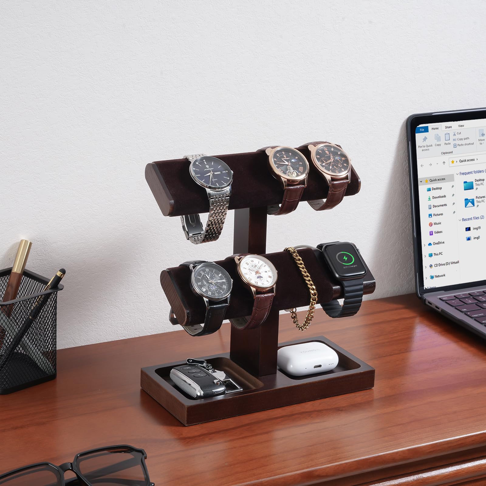 Wooden T-Bar Watch Display Stand with Apple Watch Charger Slot
