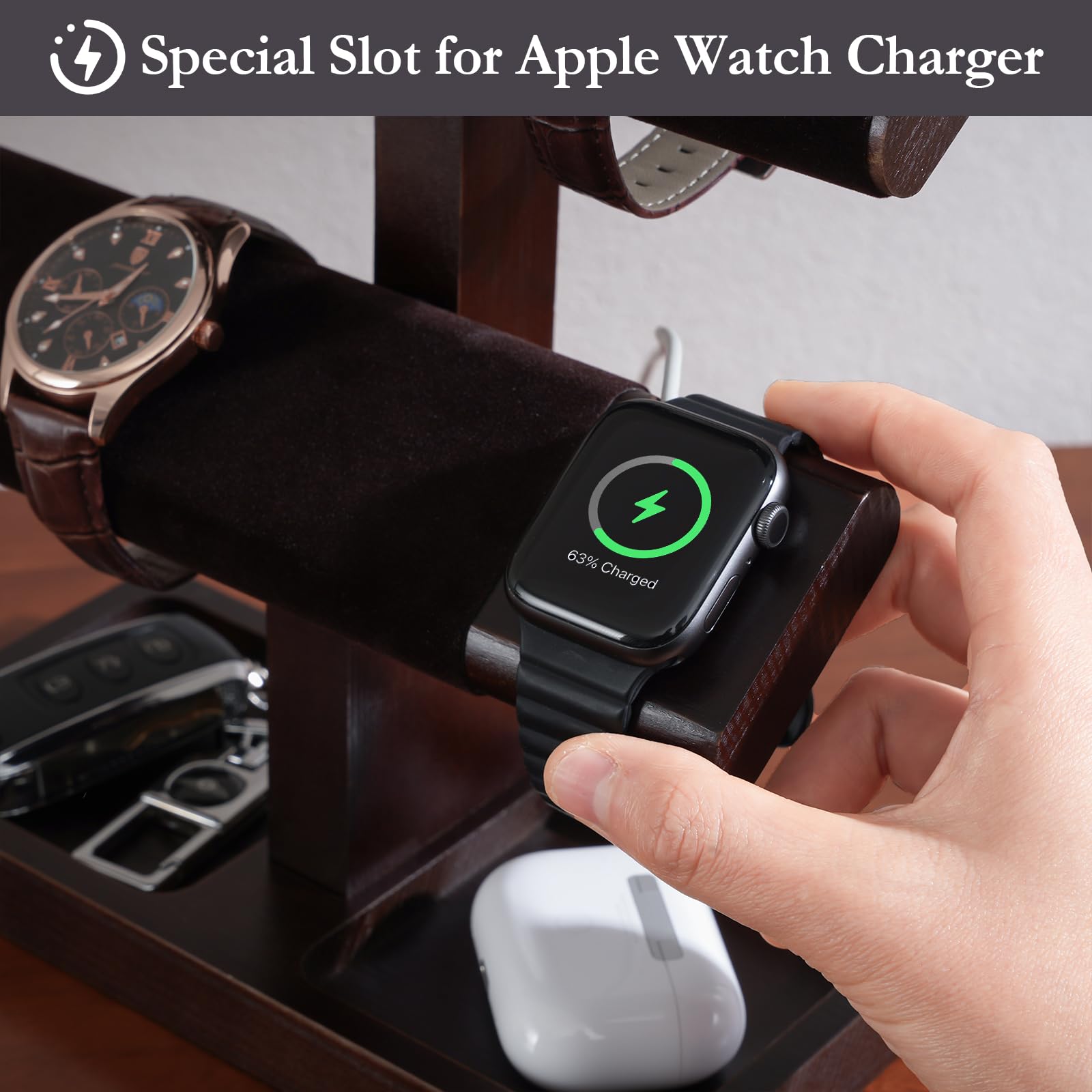 Wooden T-Bar Watch Display Stand with Apple Watch Charger Slot