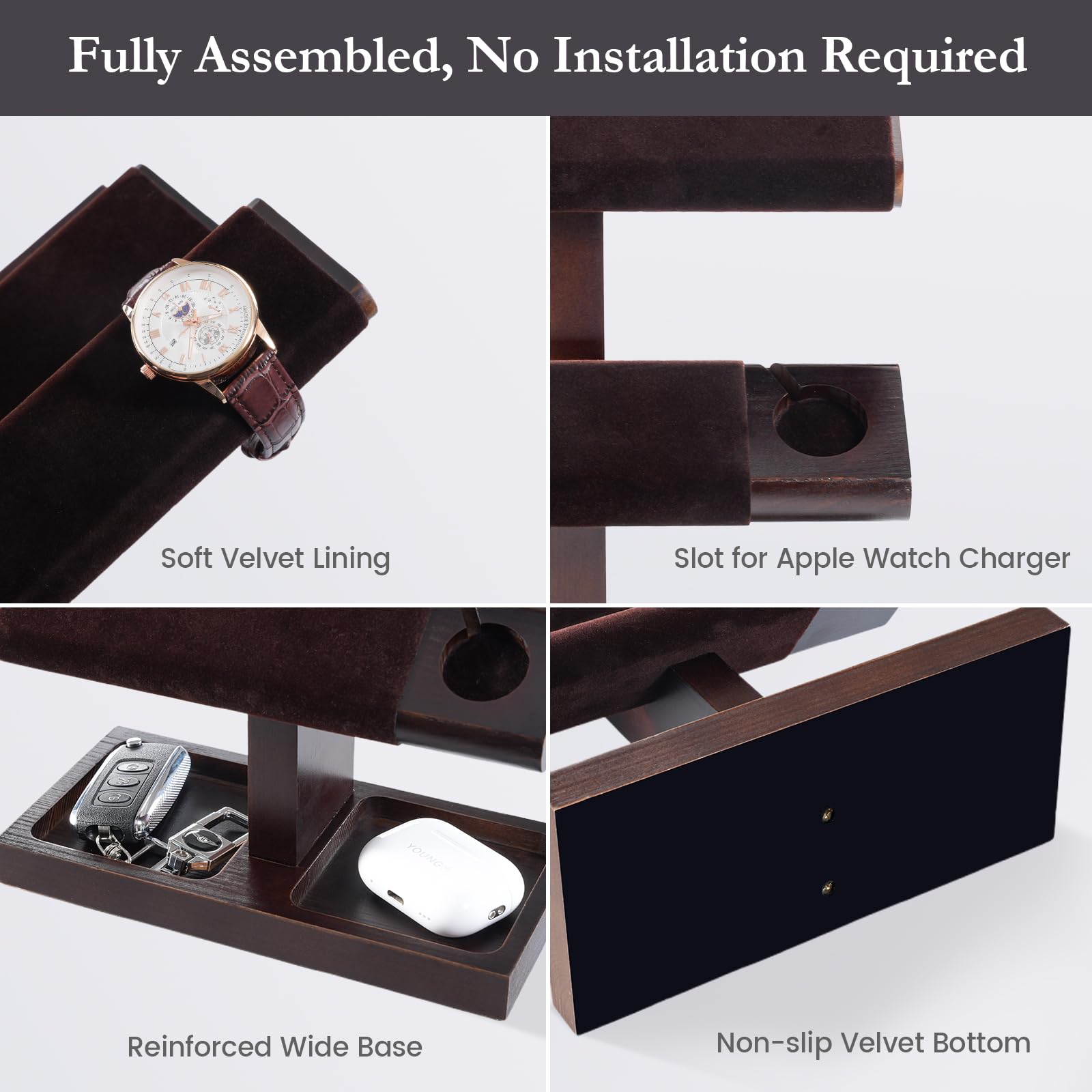 Wooden T-Bar Watch Display Stand with Apple Watch Charger Slot