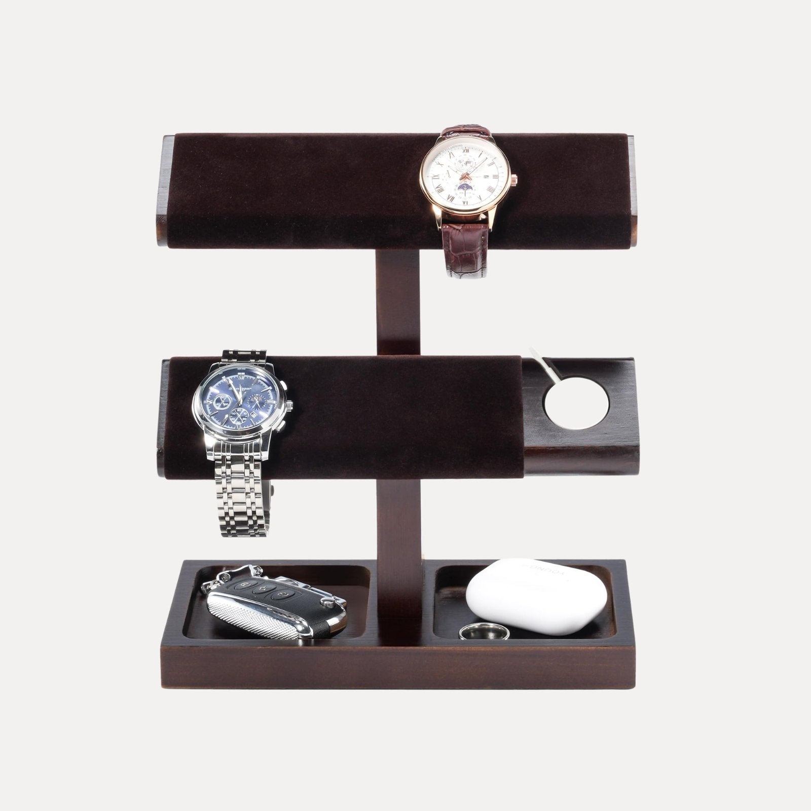 Wooden T-Bar Watch Display Stand with Apple Watch Charger Slot
