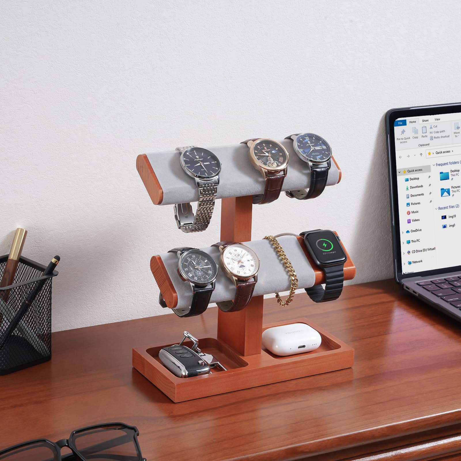 Wooden T-Bar Watch Display Stand with Apple Watch Charger Slot