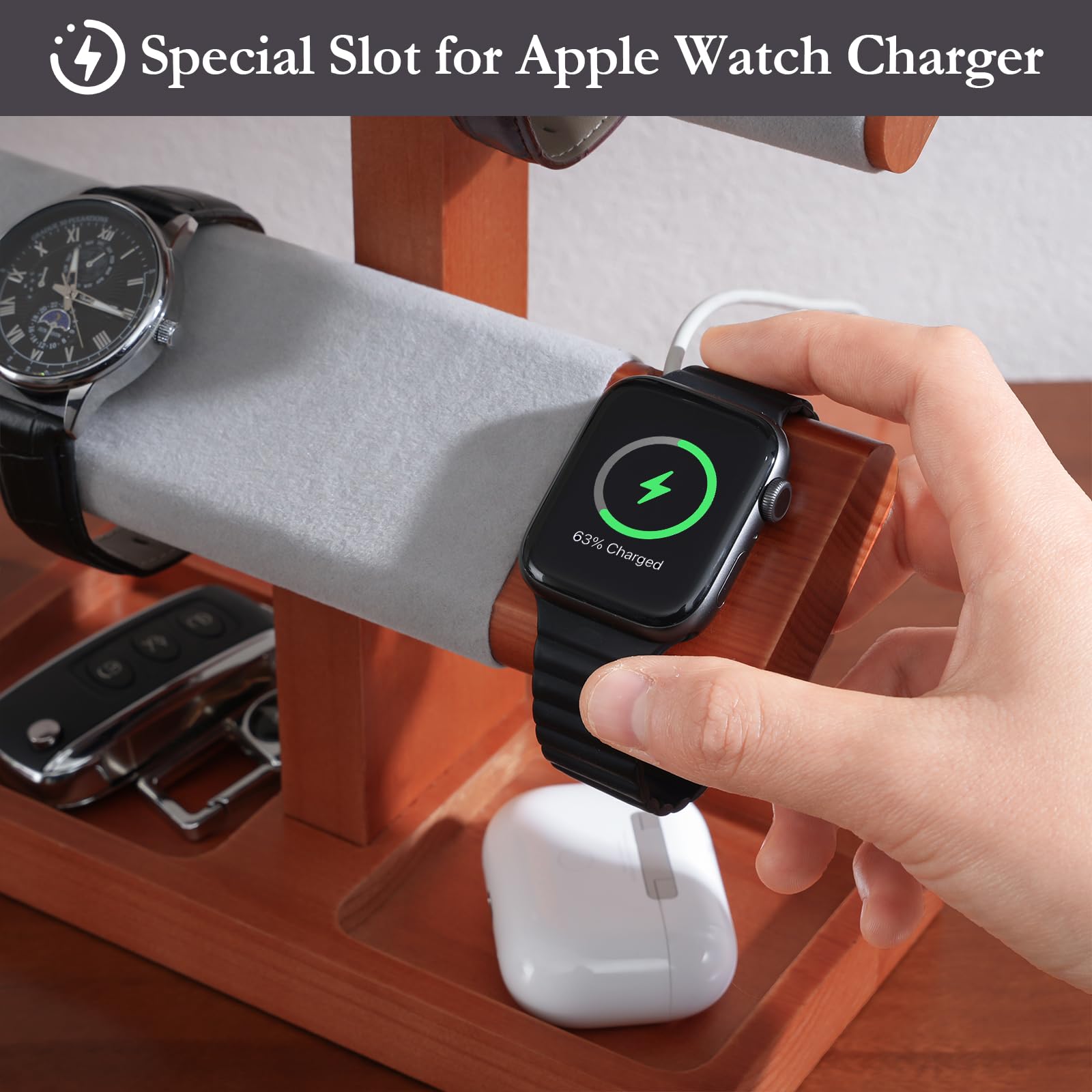 Wooden T-Bar Watch Display Stand with Apple Watch Charger Slot