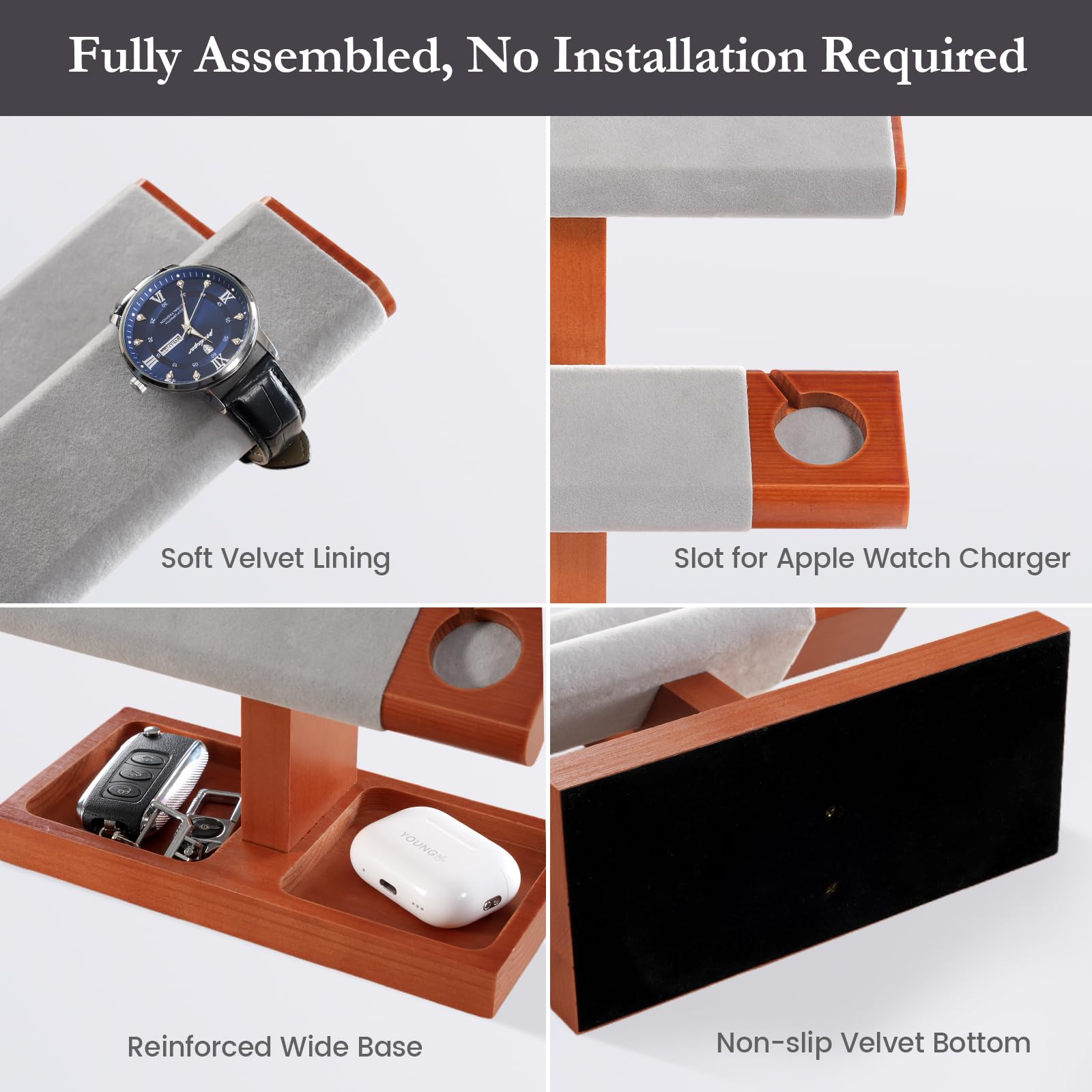 Wooden T-Bar Watch Display Stand with Apple Watch Charger Slot